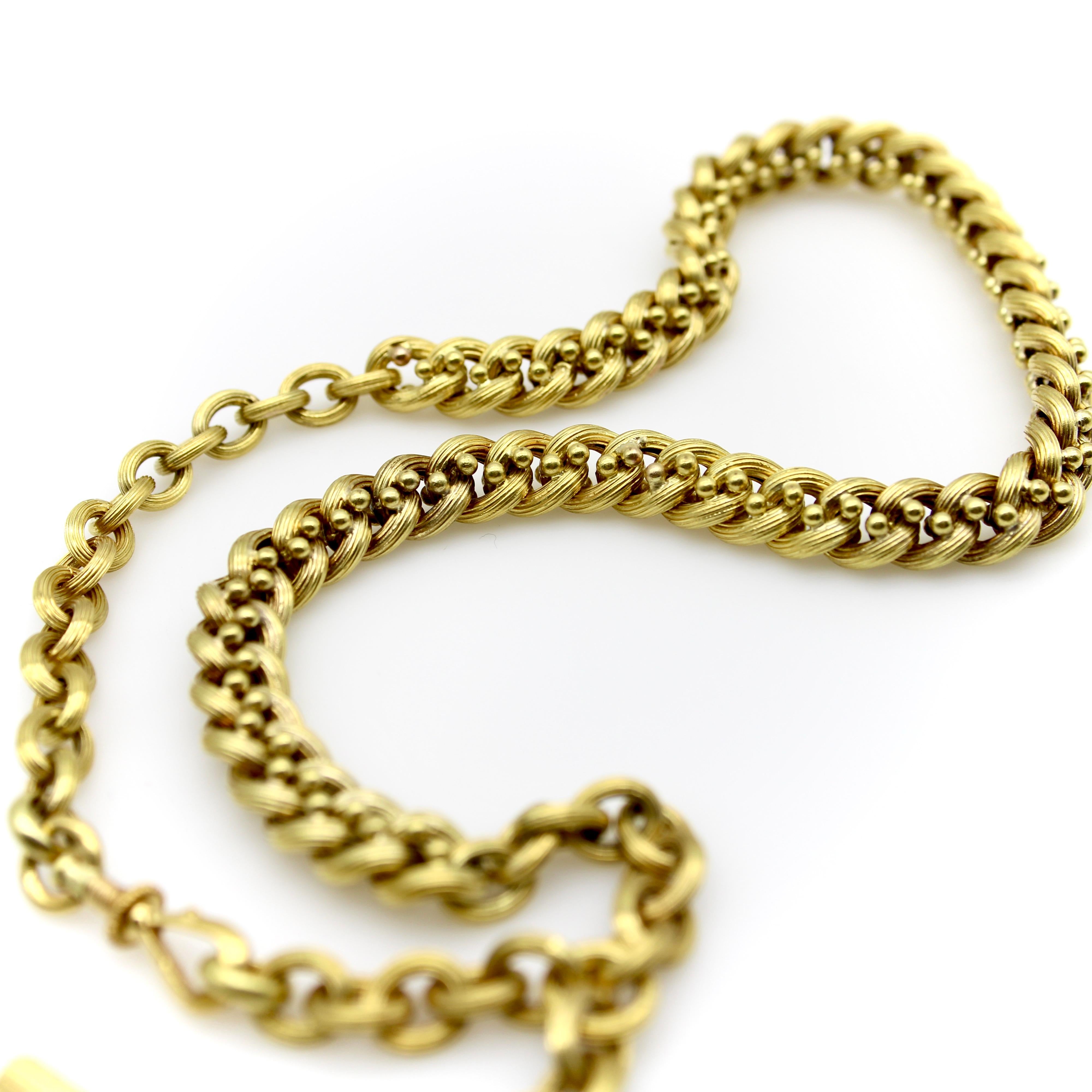 Chaîne collier de montre de poche victorienne en or 14 carats avec barre en T  Unisexe en vente