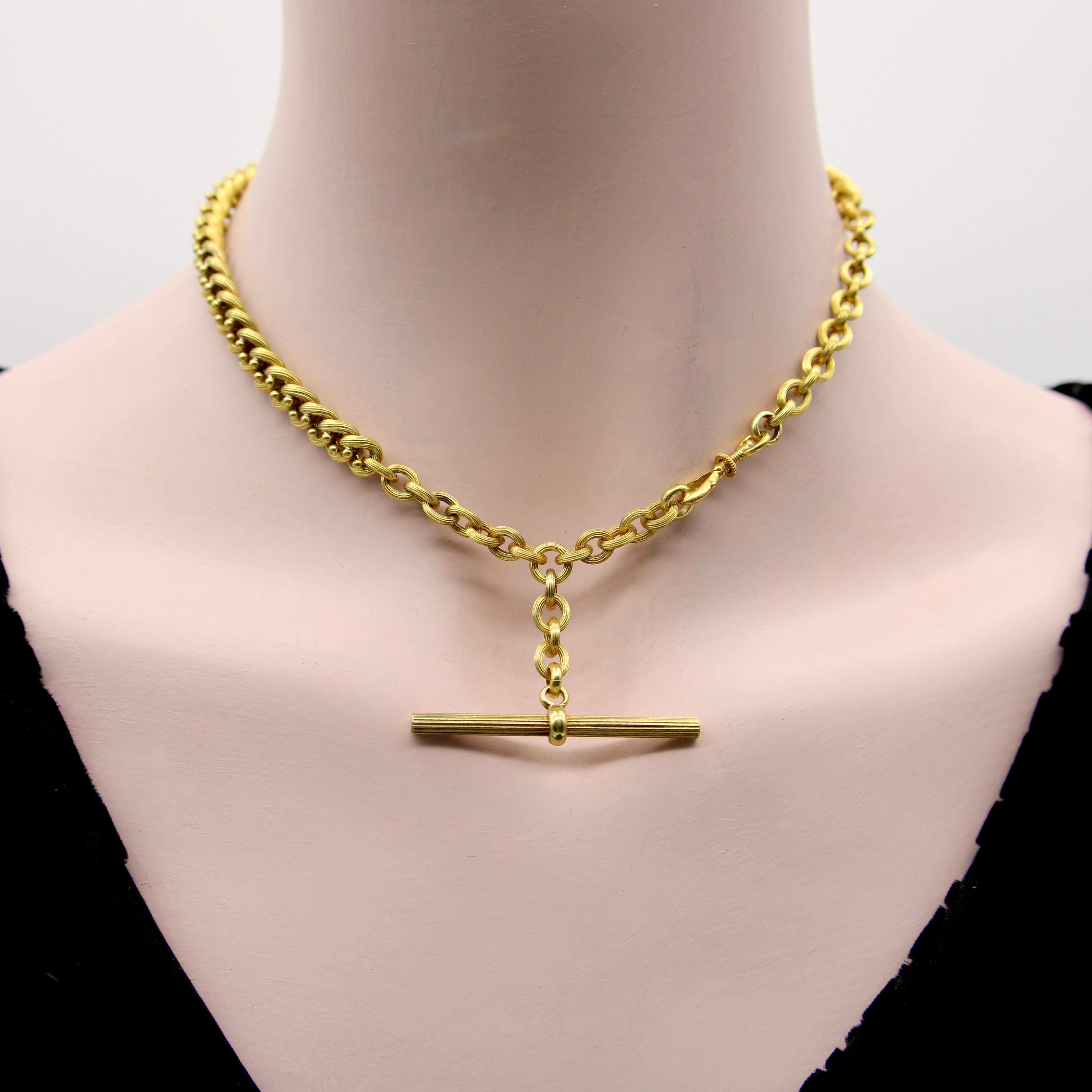 Victorian 14K Gold Pocket Watch Chain Necklace with T-Bar  For Sale 2