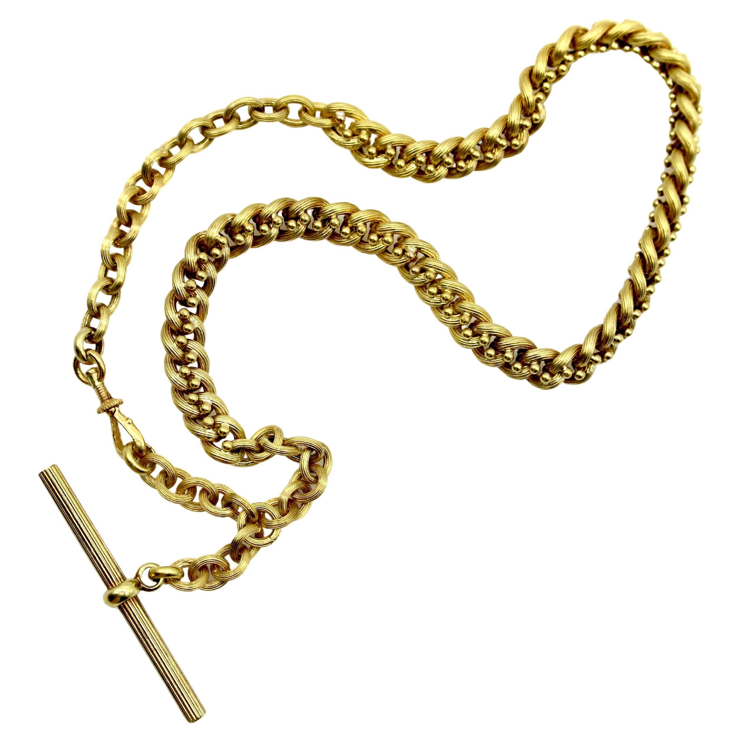 Chaîne collier de montre de poche victorienne en or 14 carats avec barre en T  en vente