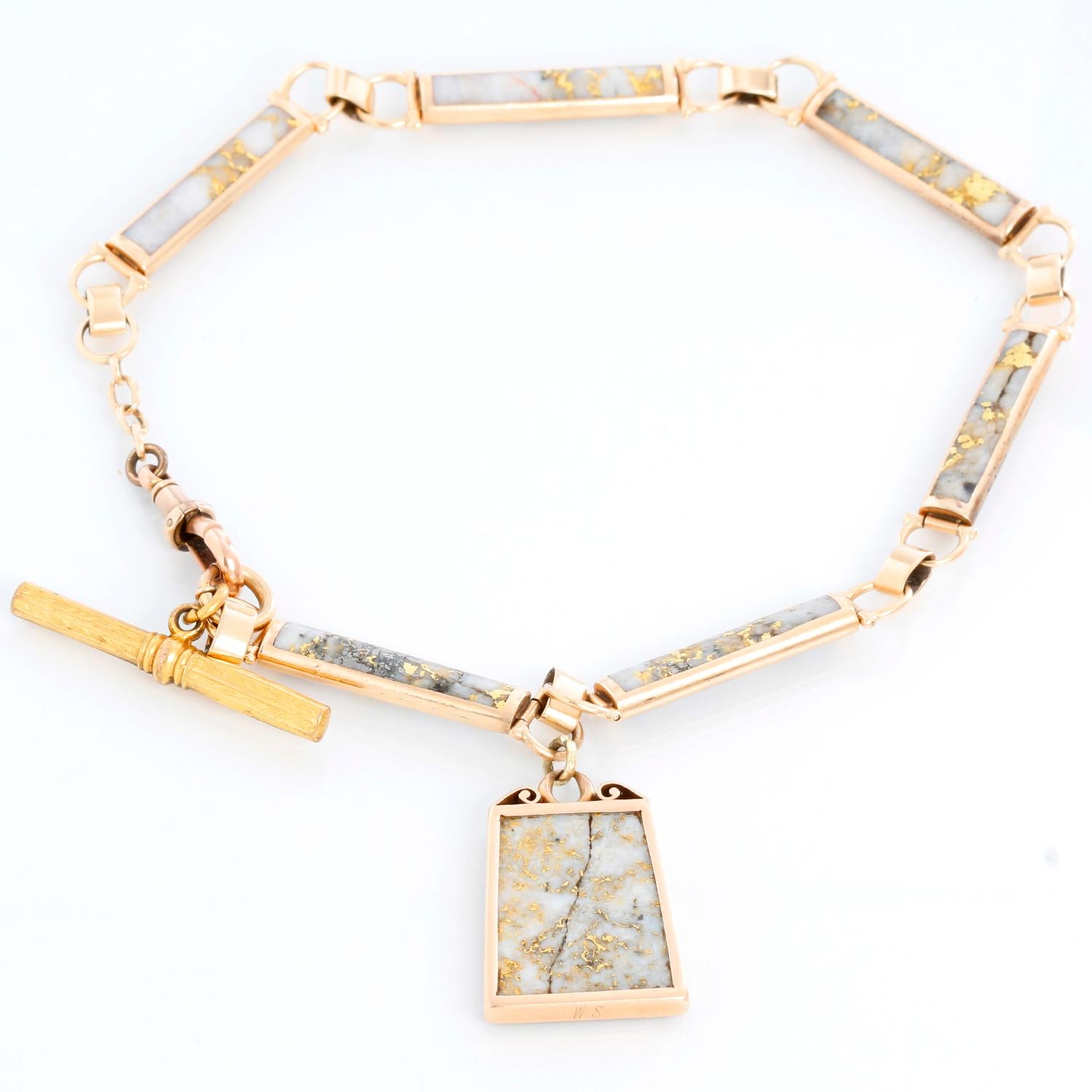 Victorian 14K Gold & Quartz Pocket Watch Chain - Beautiful design gold bearing quartz chain. Circa 1900's. Measuring 12.5 inches in overall length, containing 6 rectangular panels with gold quartz on each side and gold quartz set T bar. Overall