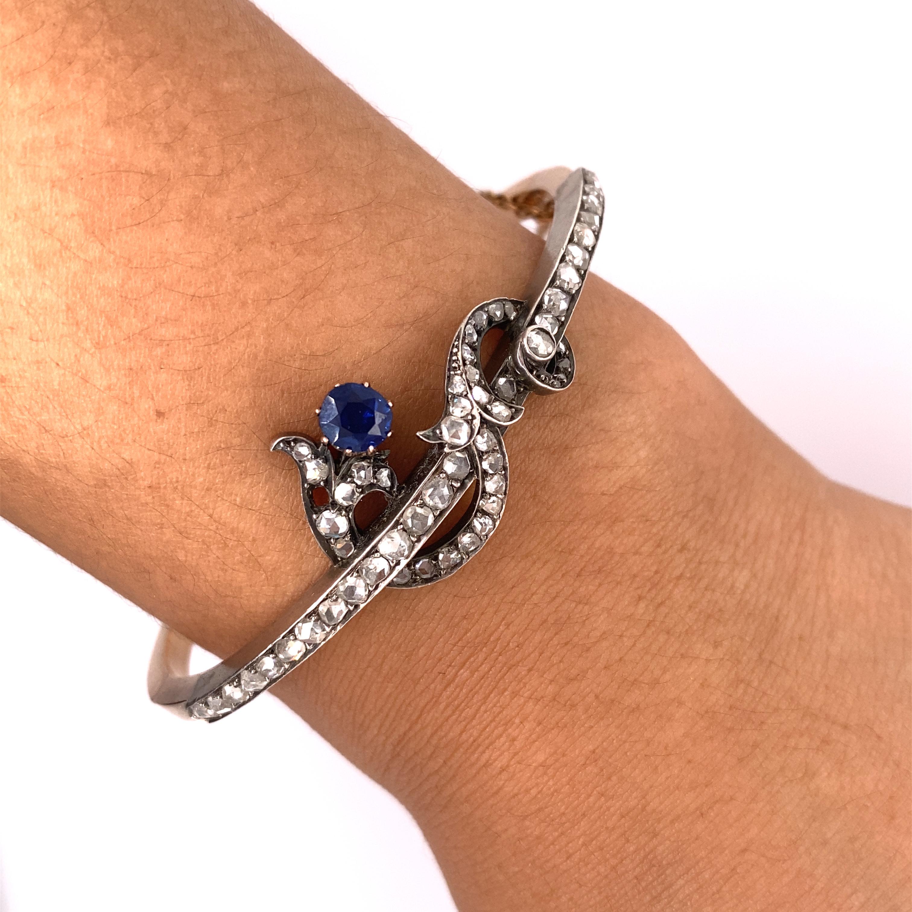Victorian 14k Gold Rose Cut Diamond and Sapphire Bangle For Sale 1