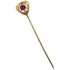 Victorian 14K Gold Ruby Hat Pin, 0.65ct Round Ruby, Antique 1880s