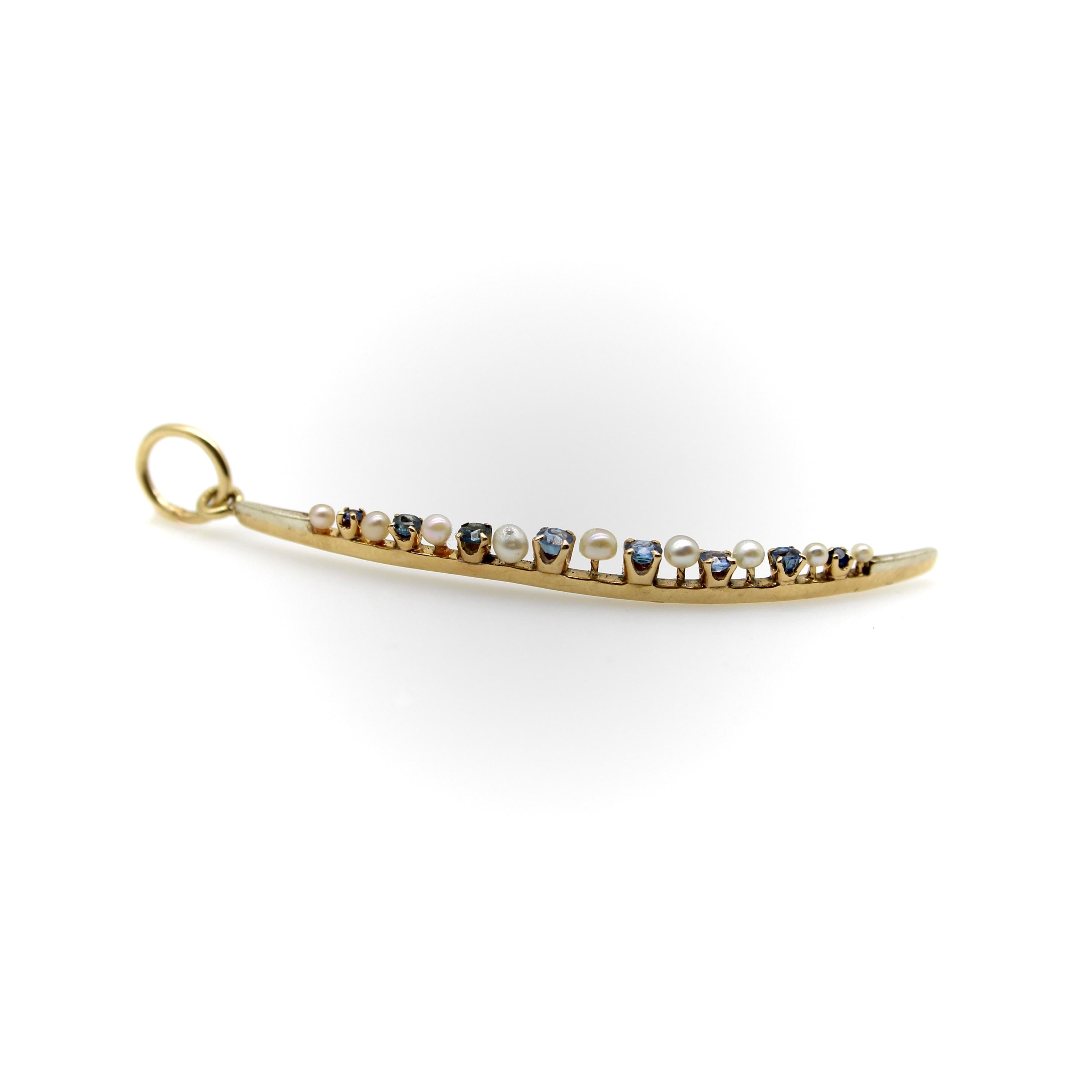 Round Cut Victorian 14K Gold Sapphire and Pearl Crescent Moon Pendant For Sale