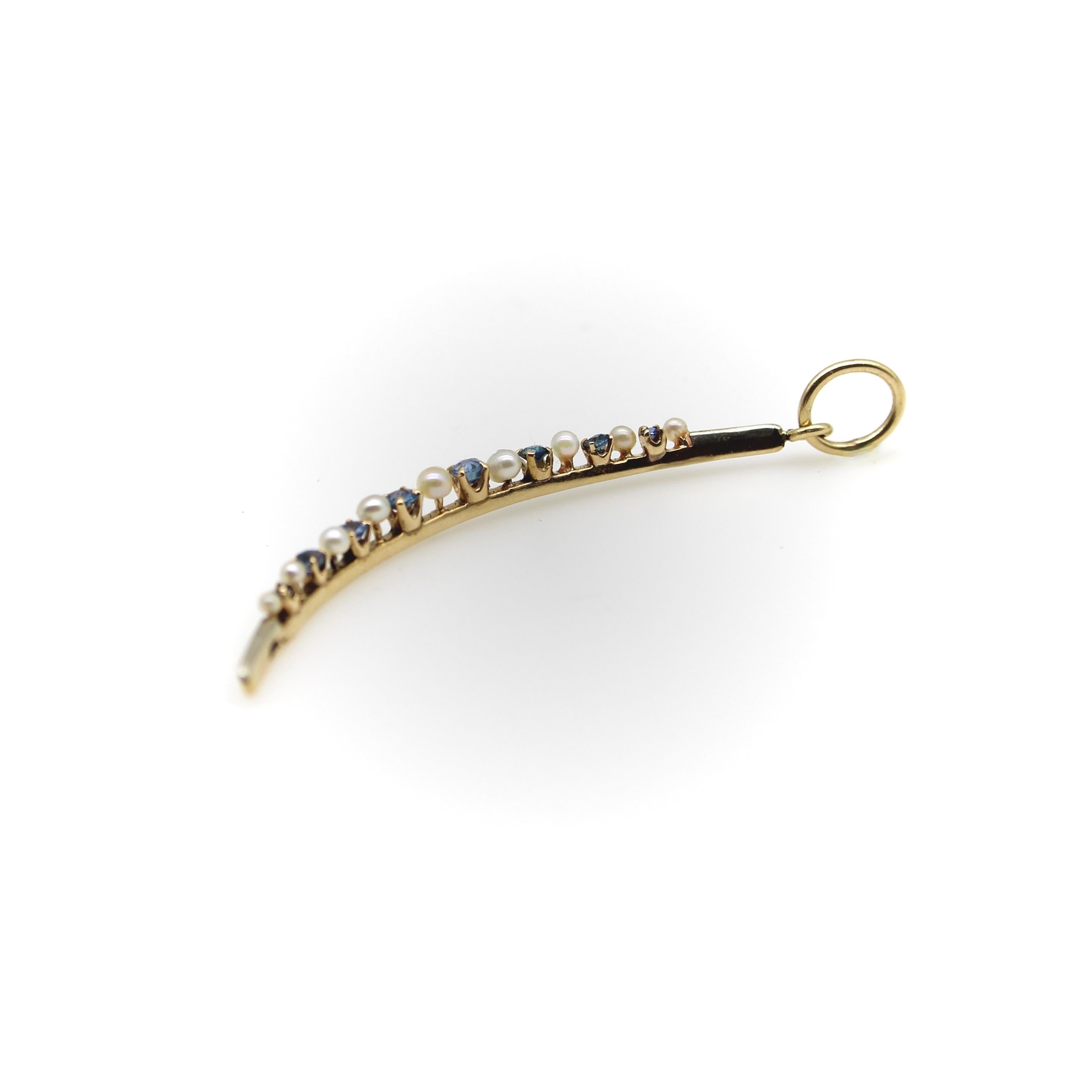 Victorian 14K Gold Sapphire and Pearl Crescent Moon Pendant In Good Condition For Sale In Venice, CA