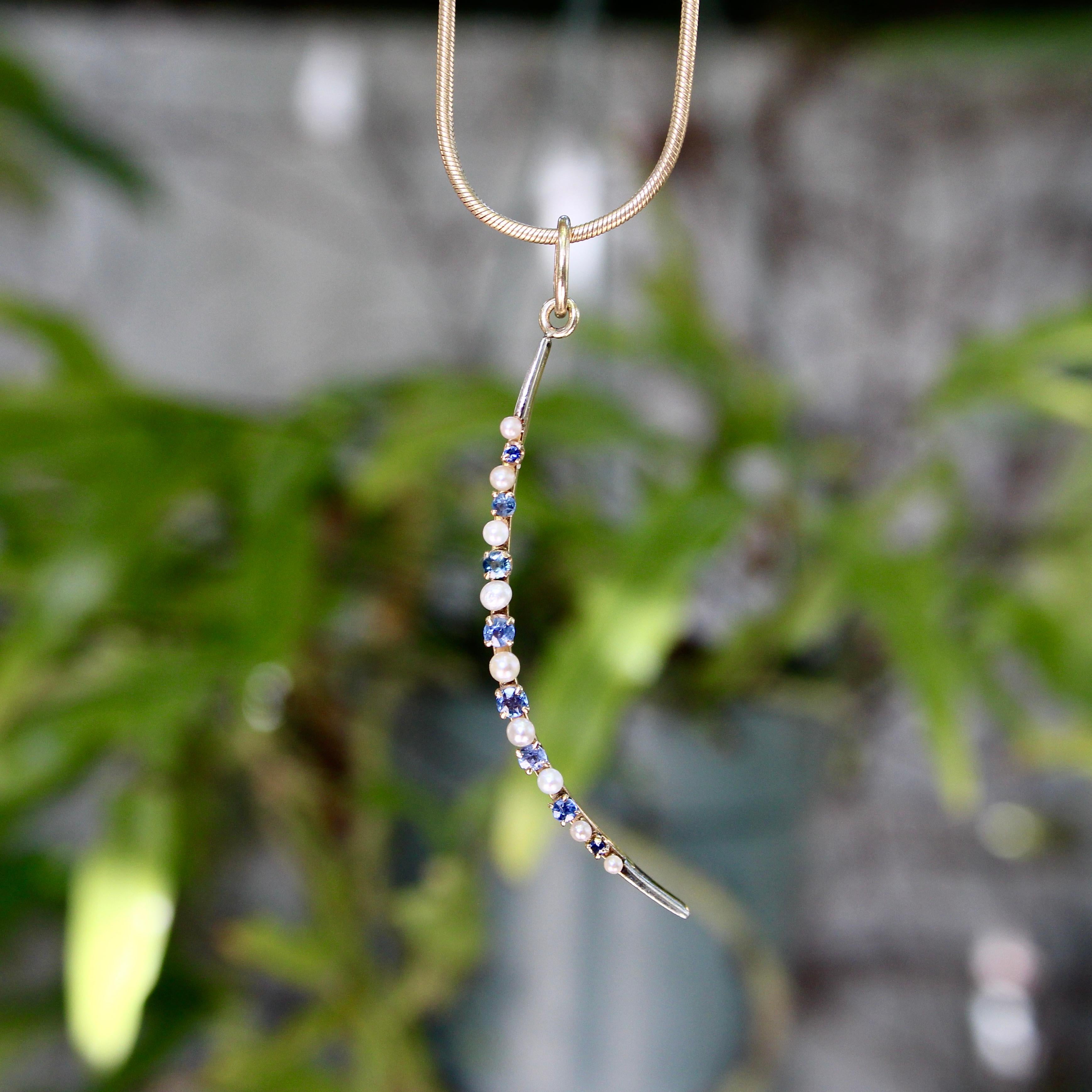 Victorian 14K Gold Sapphire and Pearl Crescent Moon Pendant For Sale 1