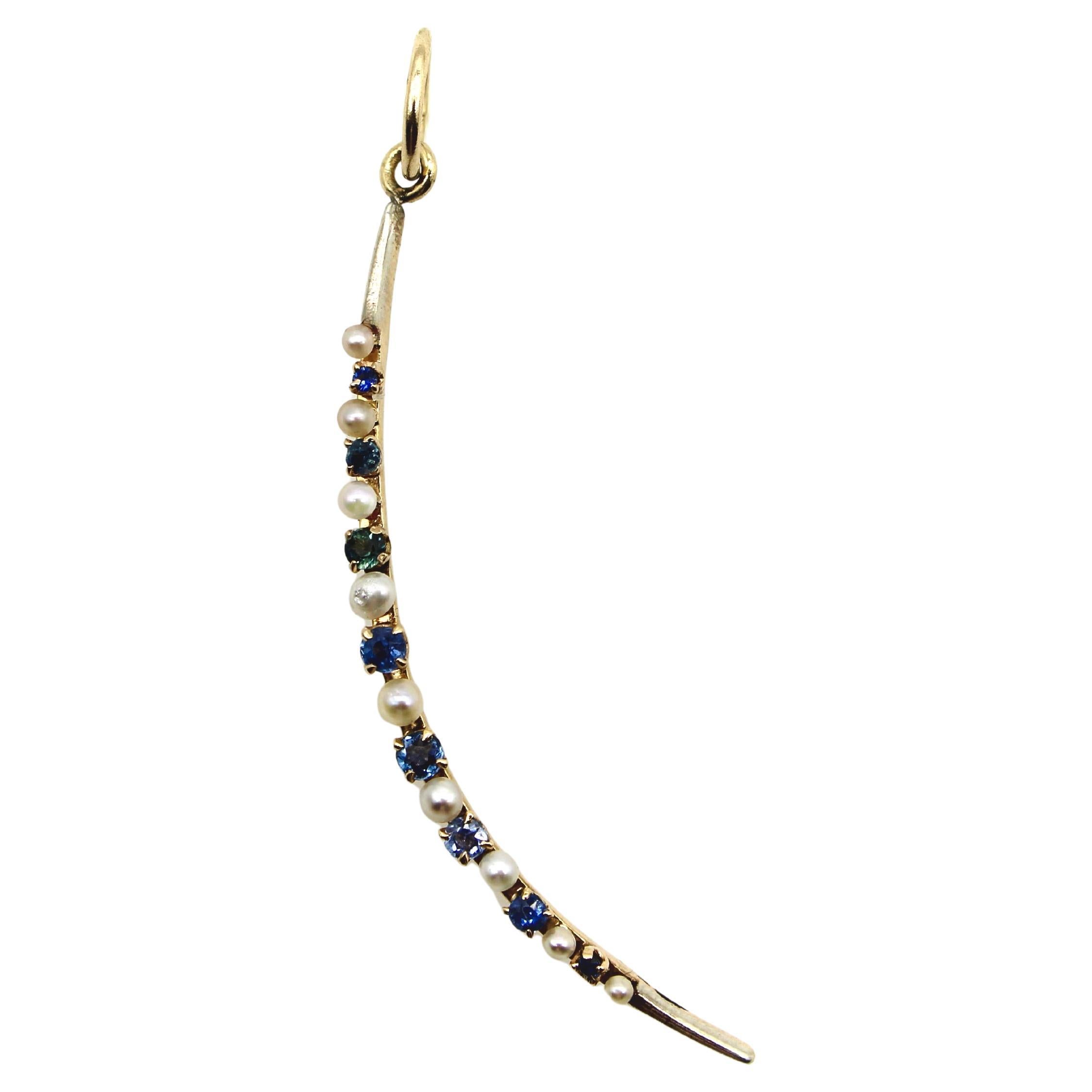 Victorian 14K Gold Sapphire and Pearl Crescent Moon Pendant For Sale