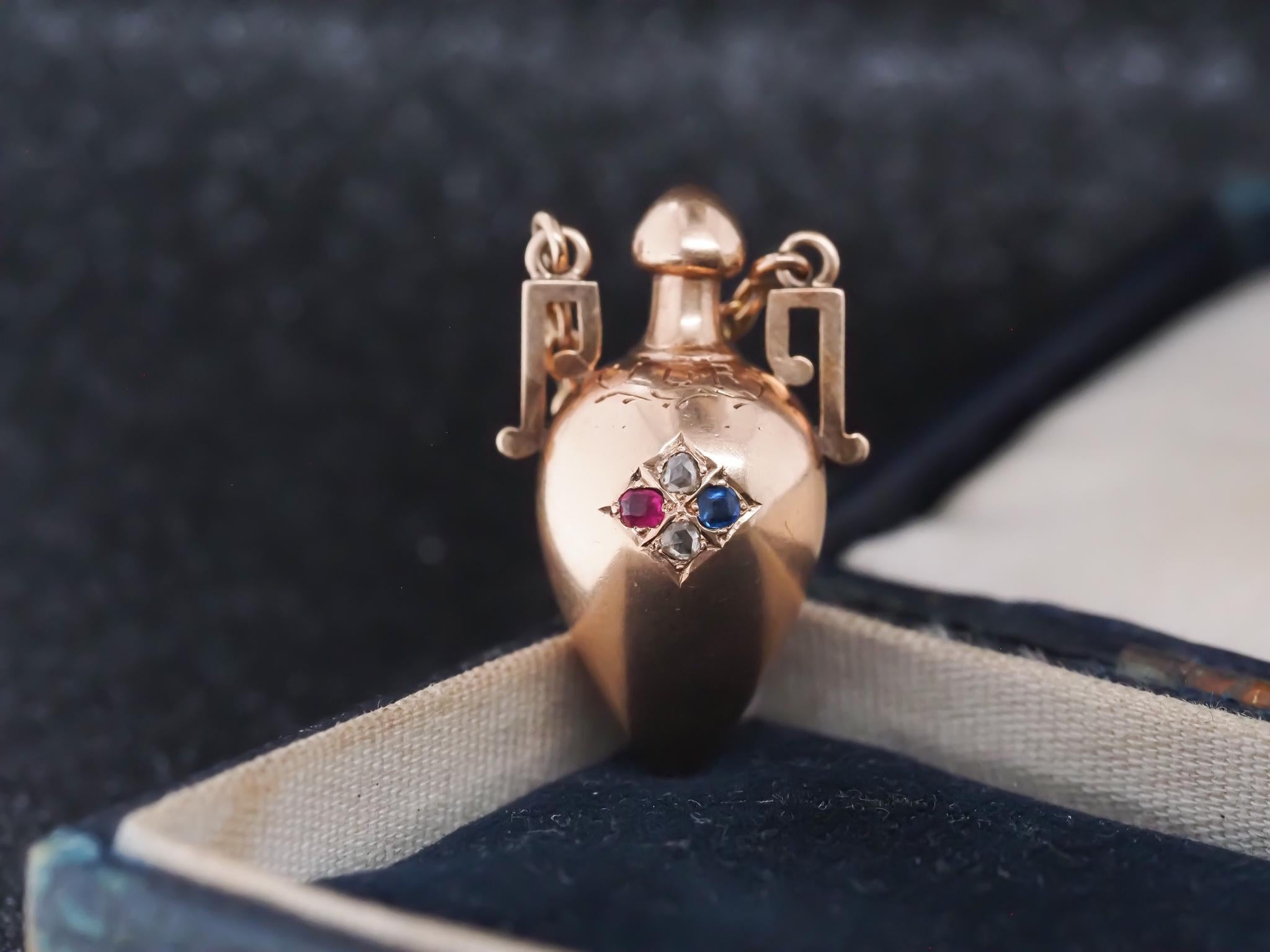 Rose Cut Victorian 14K Gold Sapphire Diamond and Ruby Perfume Flask Screw Top Pendant For Sale