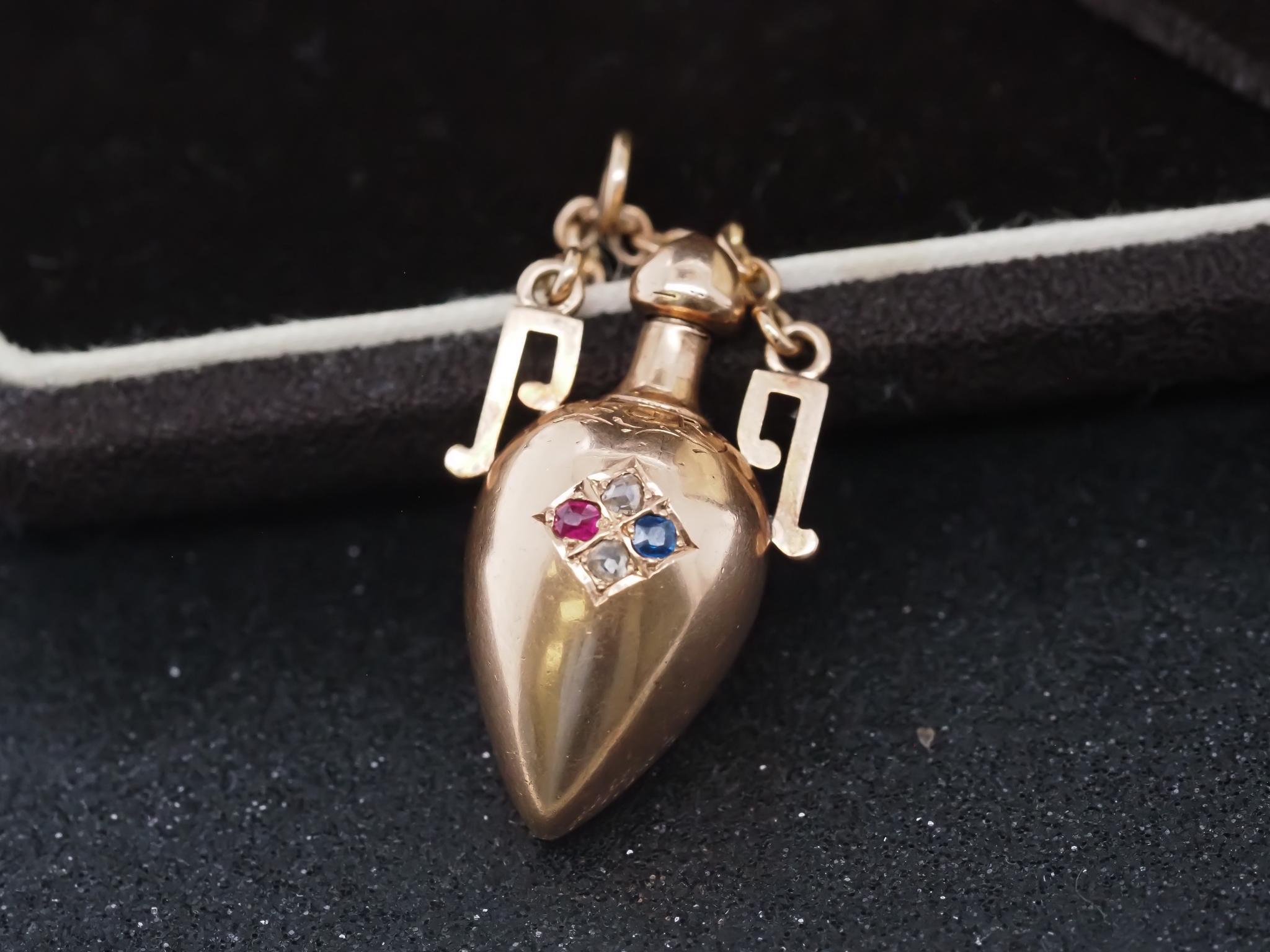 Victorian 14K Gold Sapphire Diamond and Ruby Perfume Flask Screw Top Pendant In Good Condition For Sale In Hicksville, NY
