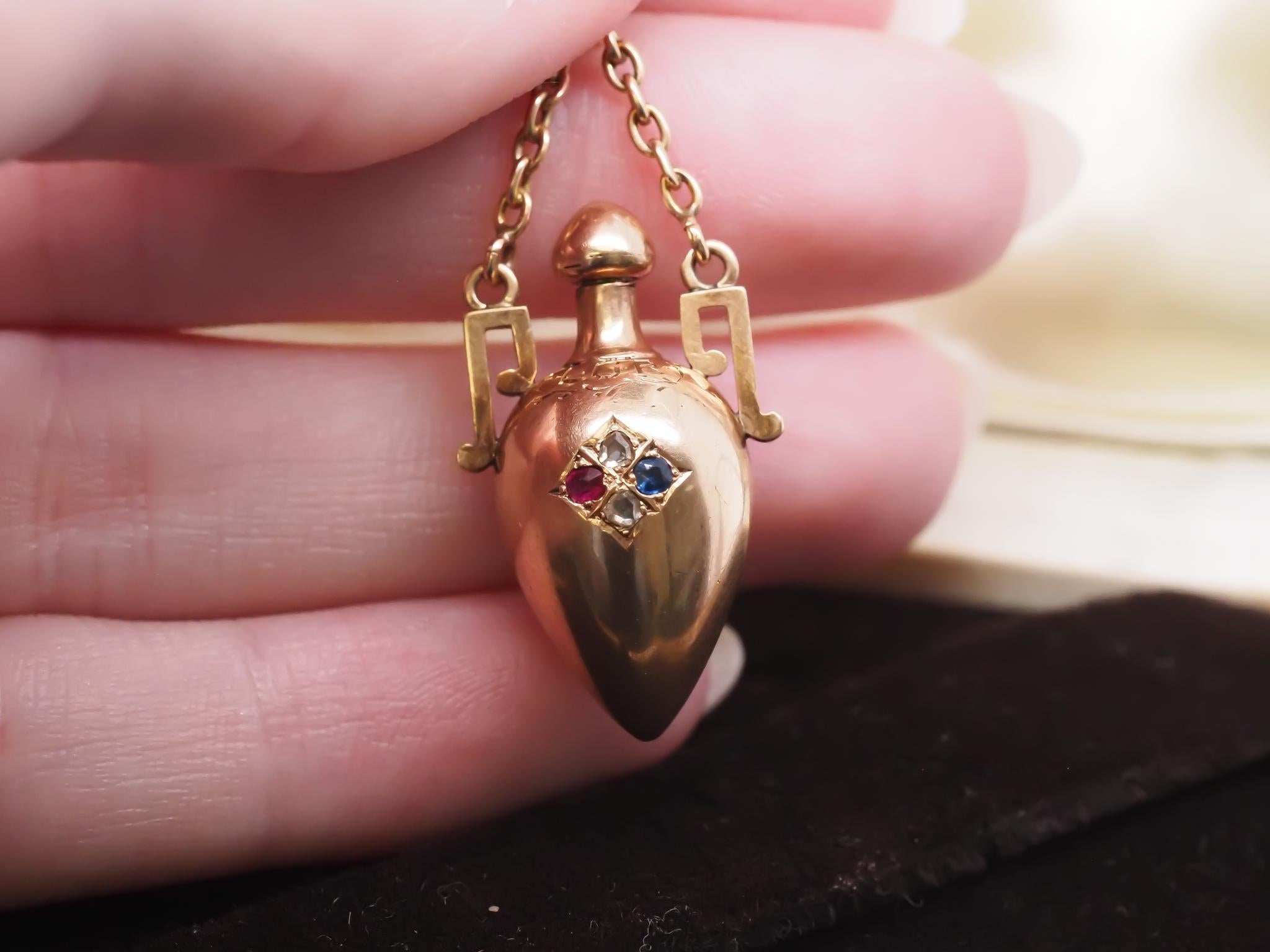 Women's Victorian 14K Gold Sapphire Diamond and Ruby Perfume Flask Screw Top Pendant For Sale