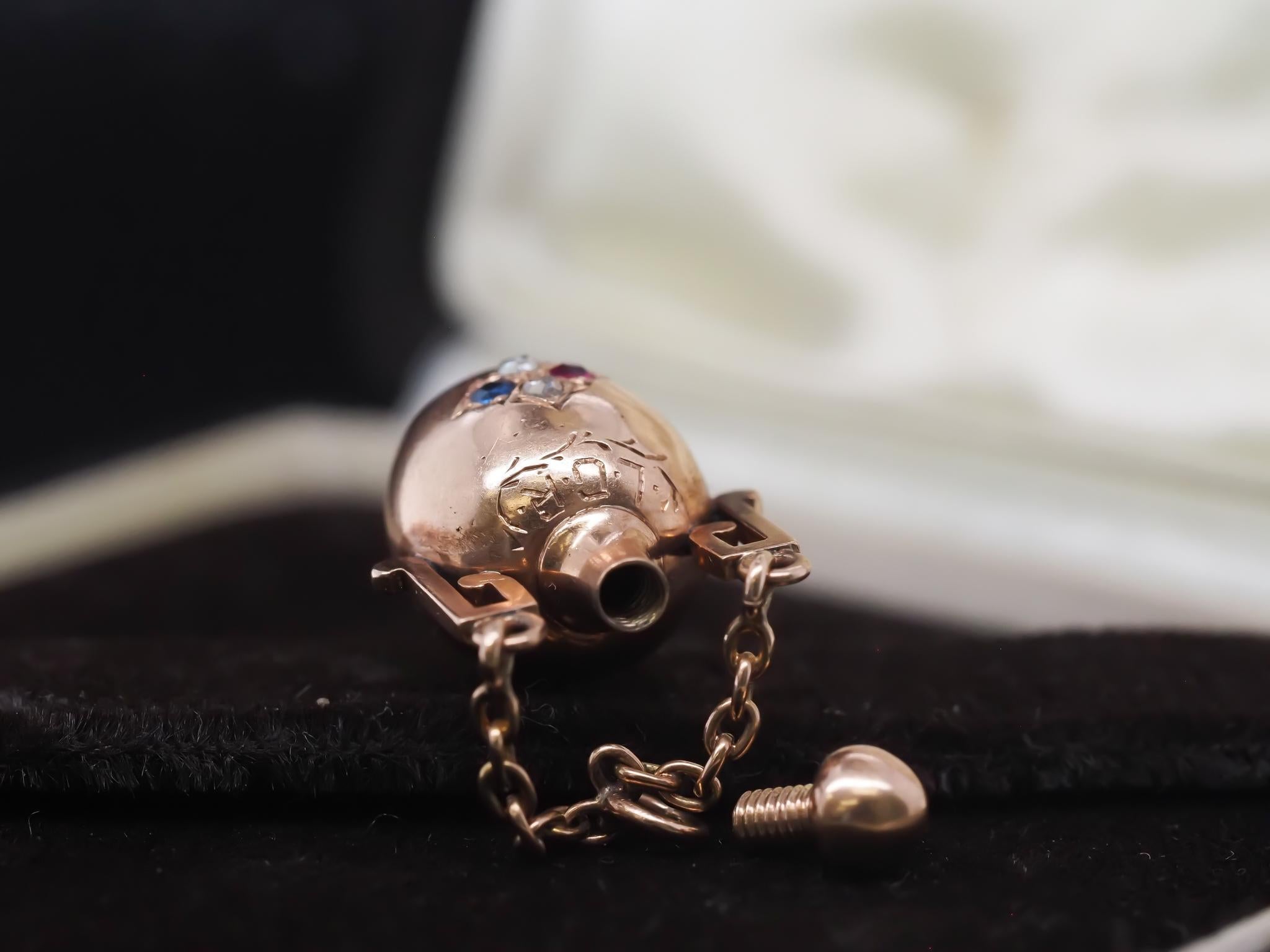 Victorian 14K Gold Sapphire Diamond and Ruby Perfume Flask Screw Top Pendant For Sale 2