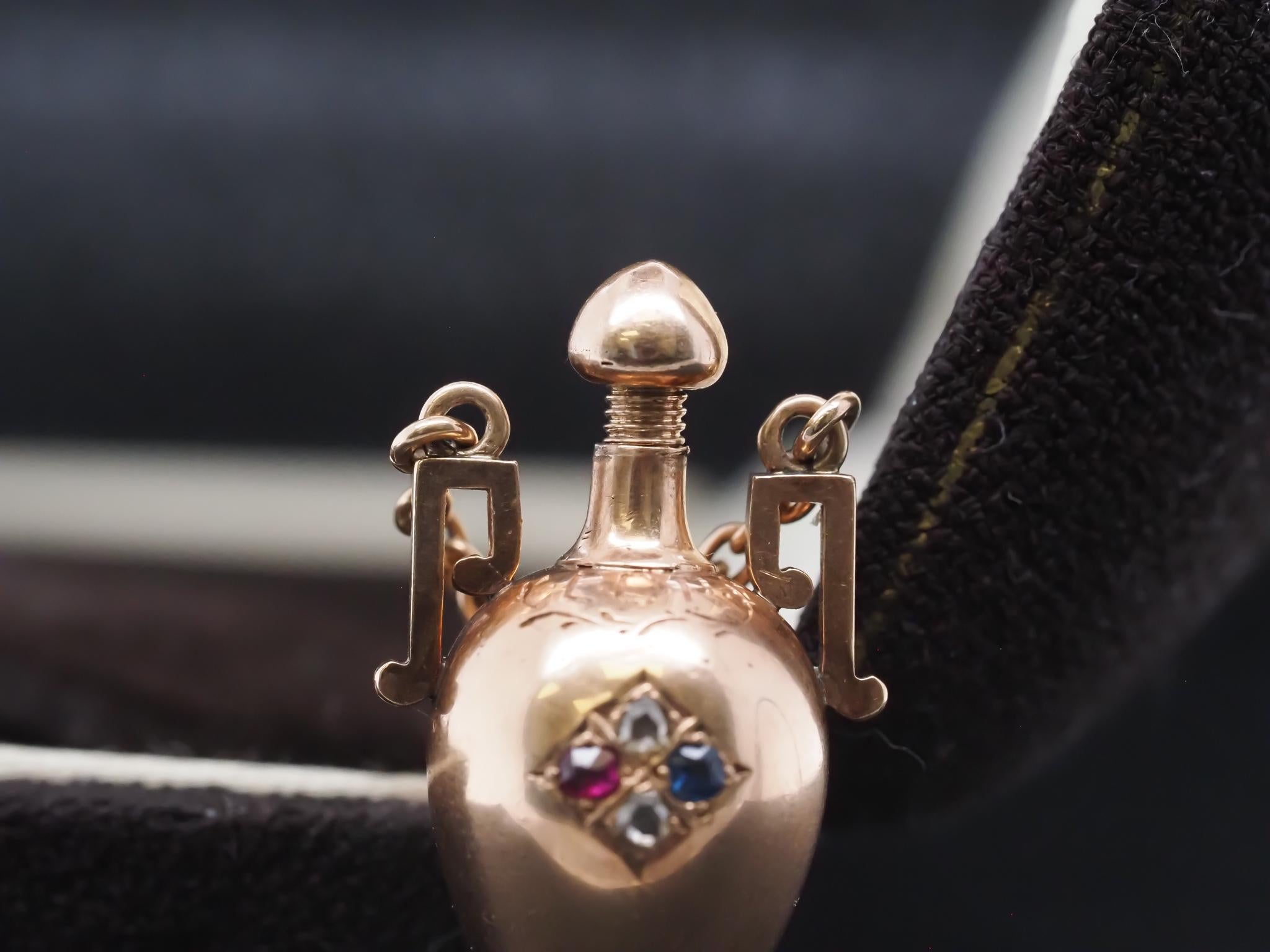 Victorian 14K Gold Sapphire Diamond and Ruby Perfume Flask Screw Top Pendant For Sale 3