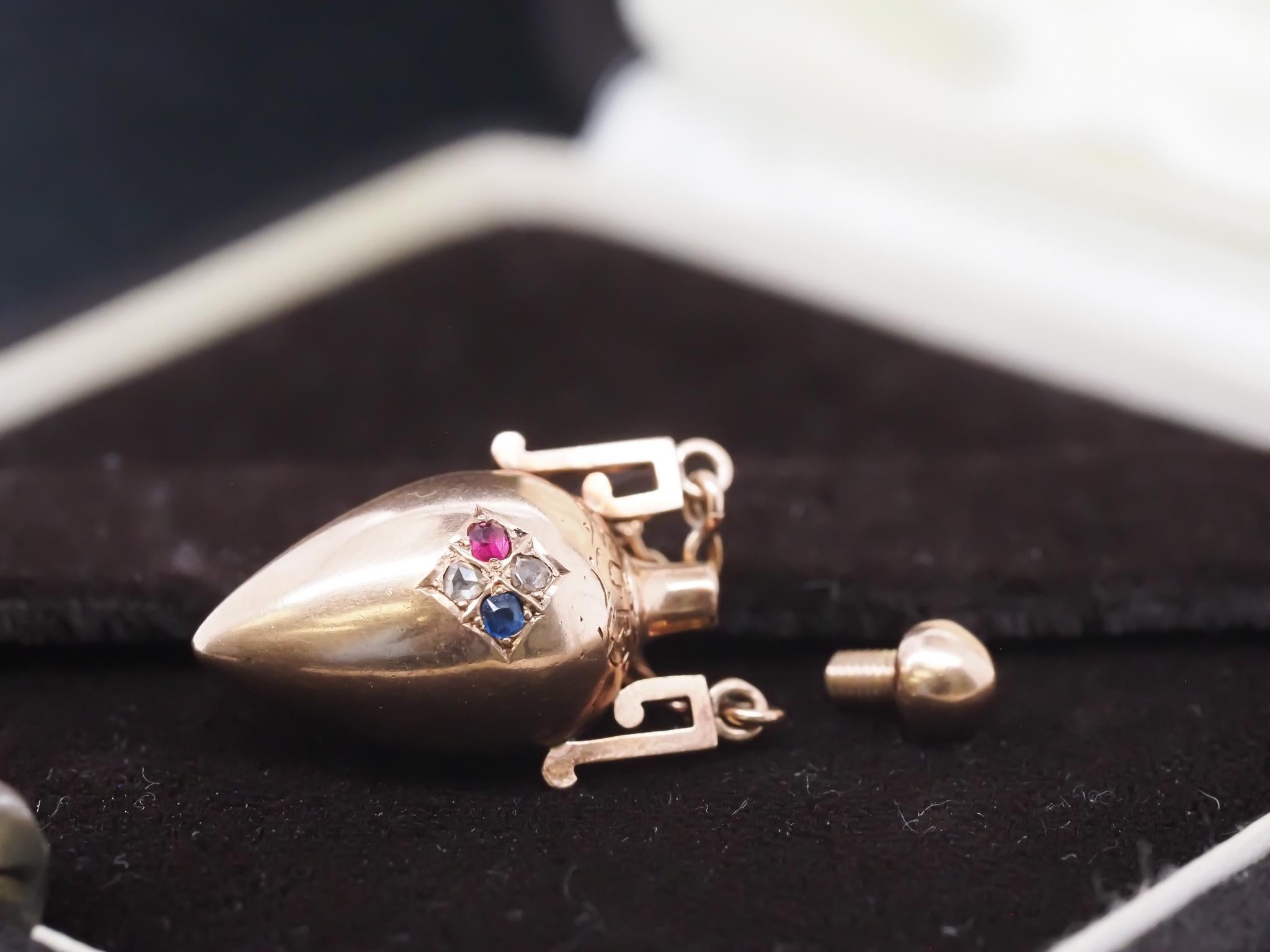 Victorian 14K Gold Sapphire Diamond and Ruby Perfume Flask Screw Top Pendant For Sale 4
