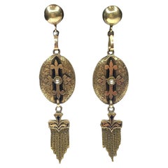 Victorian 14K Gold Seed Pearl and Black Enamel Tassel Earrings