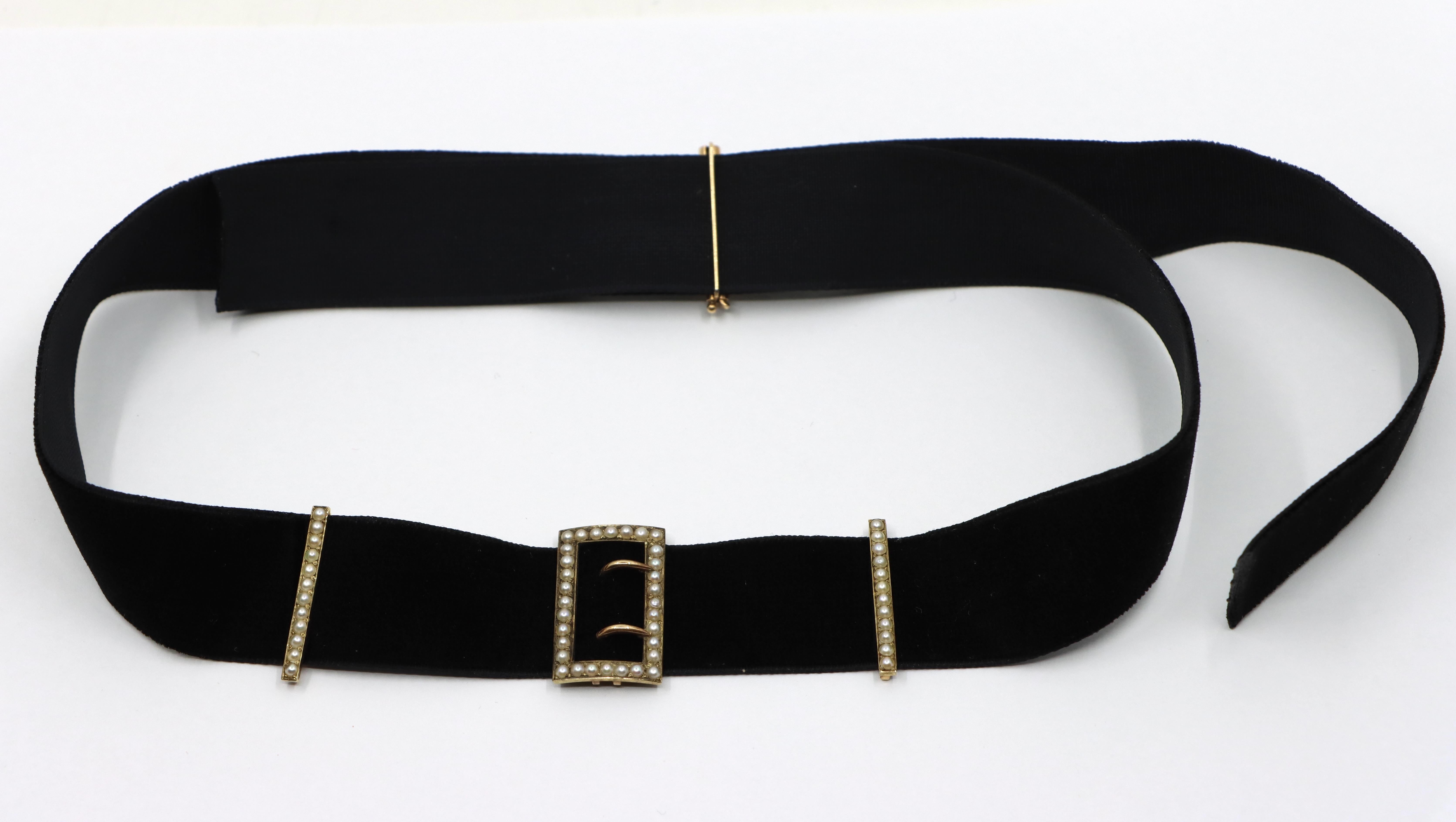 Victorian 14K Gold Seed Pearl Buckles Black Velvet Choker 5