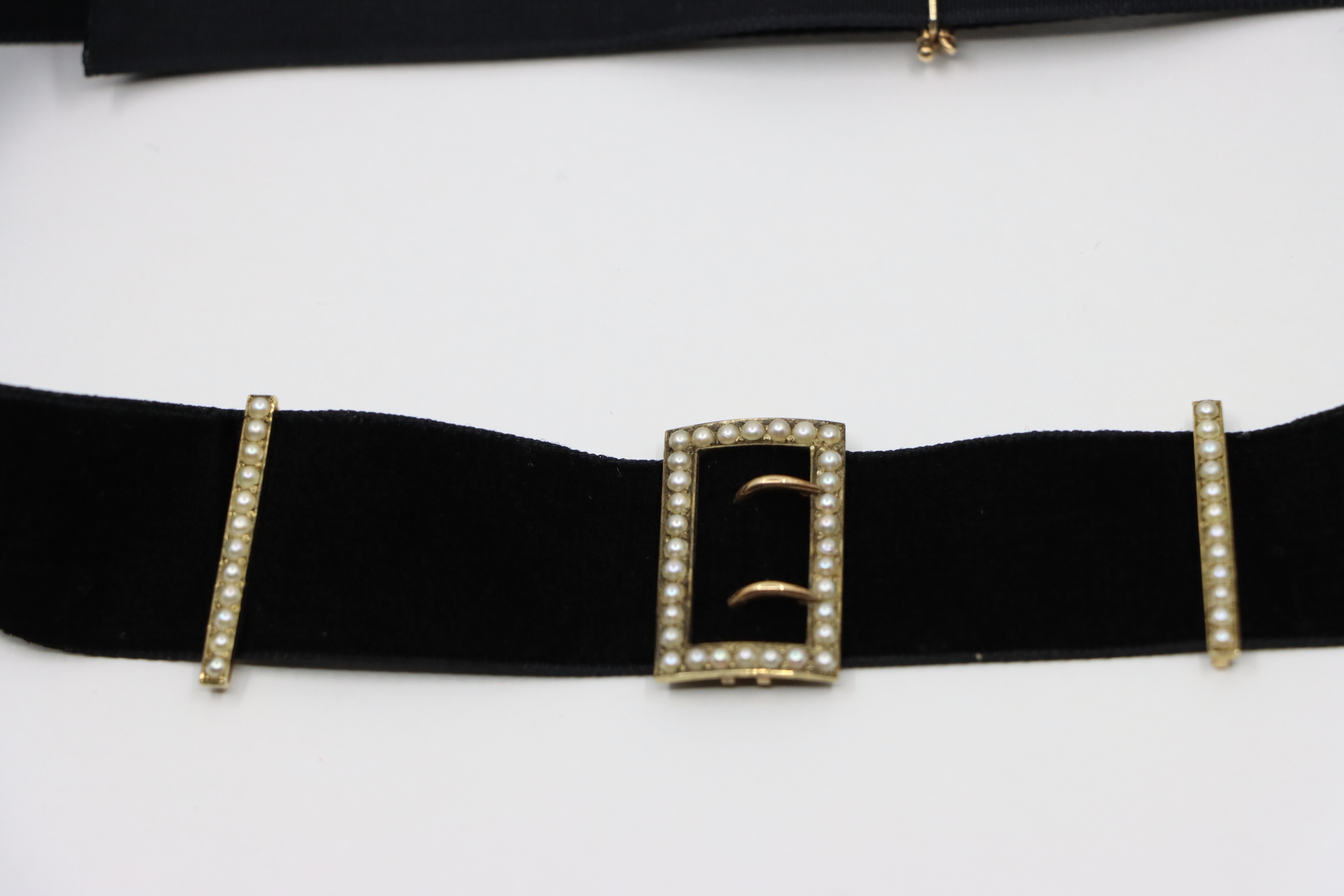 Victorian 14K Gold Seed Pearl Buckles Black Velvet Choker 8