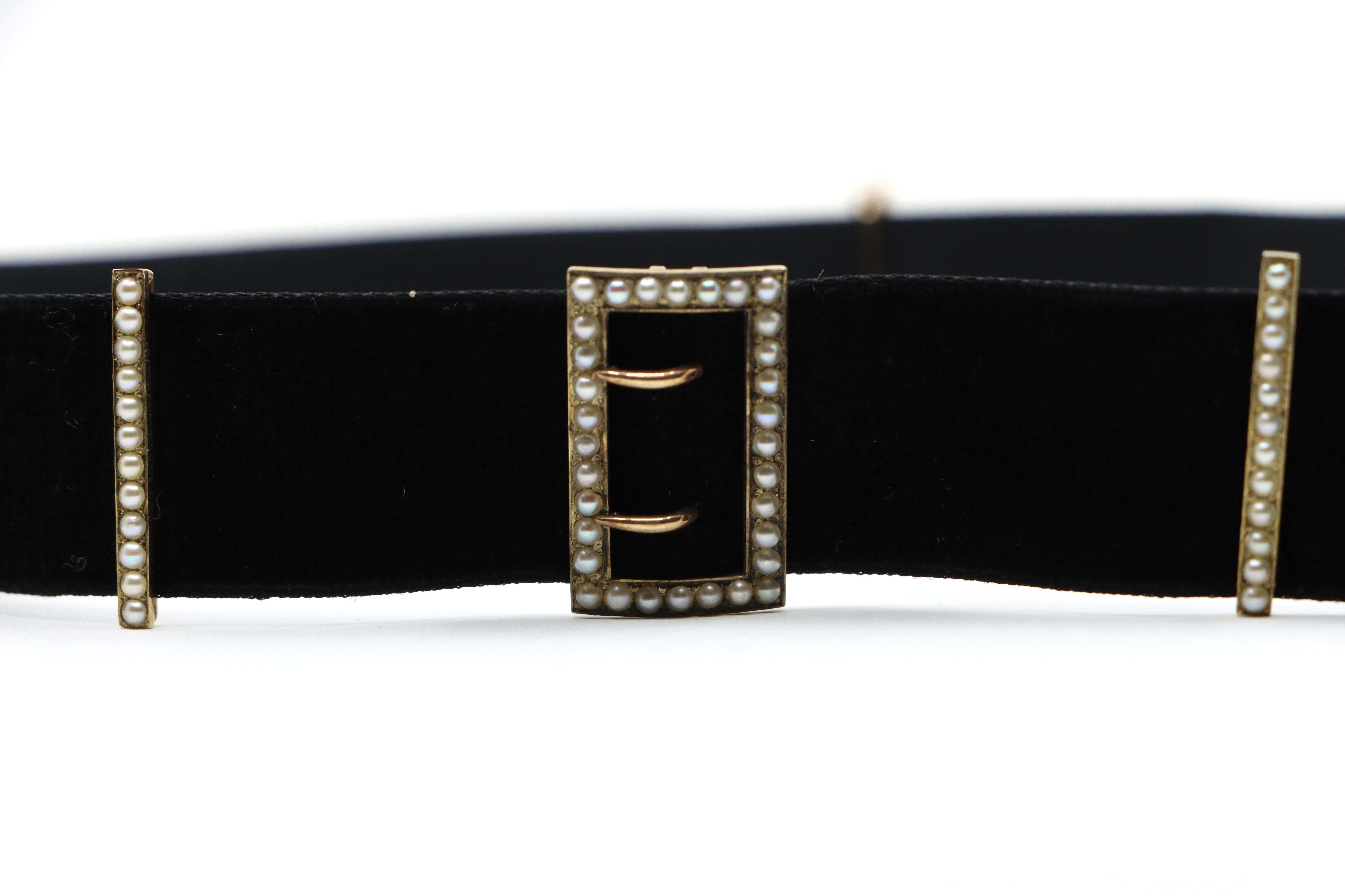 Women's or Men's Victorian 14K Gold Seed Pearl Buckles Black Velvet Choker