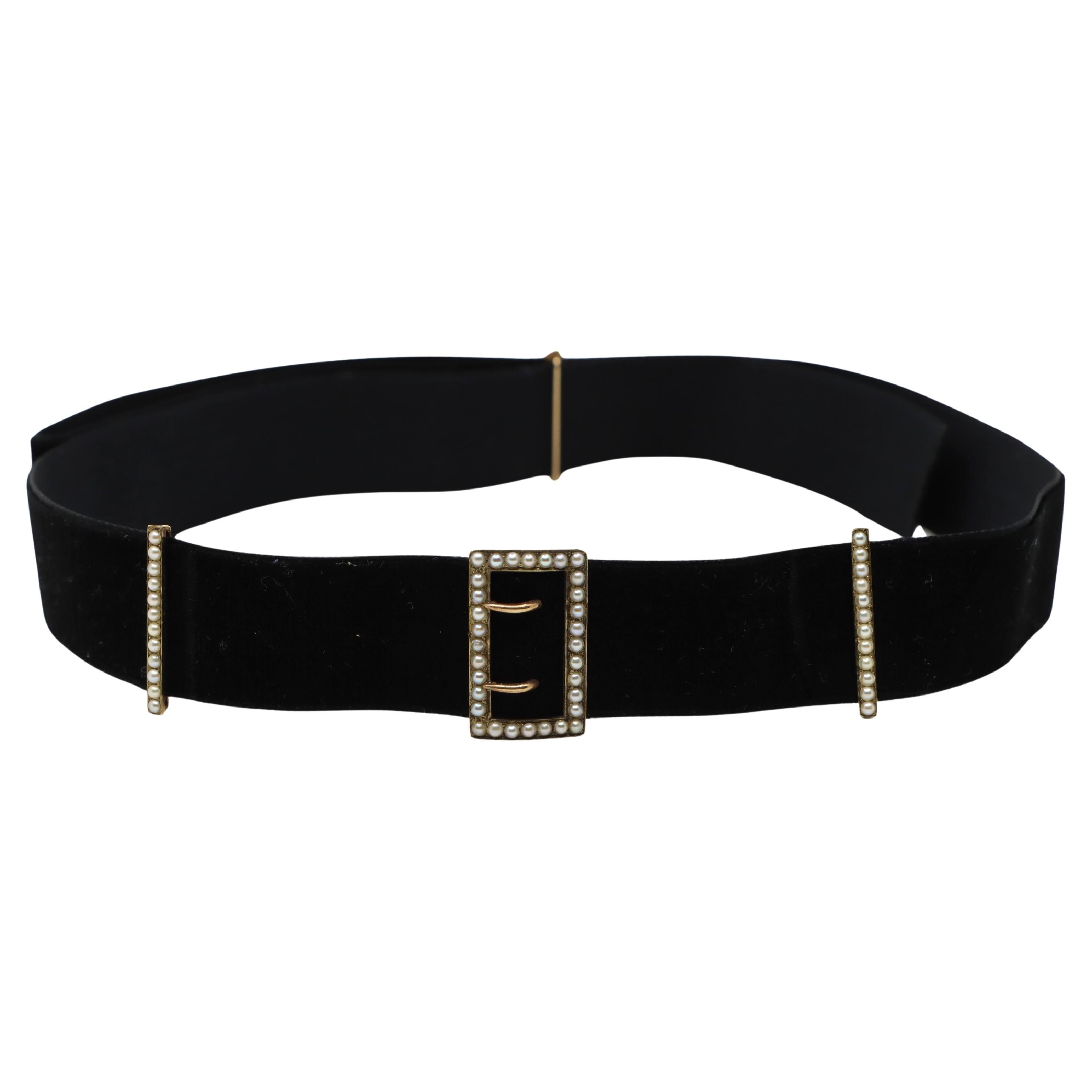 Victorian 14K Gold Seed Pearl Buckles Black Velvet Choker For Sale