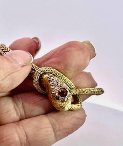 Victorian 14K Gold Serpent Bracelet with Garnet & Diamonds, 1890