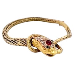 Victorian 14K Gold Serpent Bracelet with Garnet & Diamonds, 1890