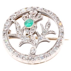 Victorian 14K Gold & Silver 1.33tgw Diamond & Emerald Scottish Thistle Brooch