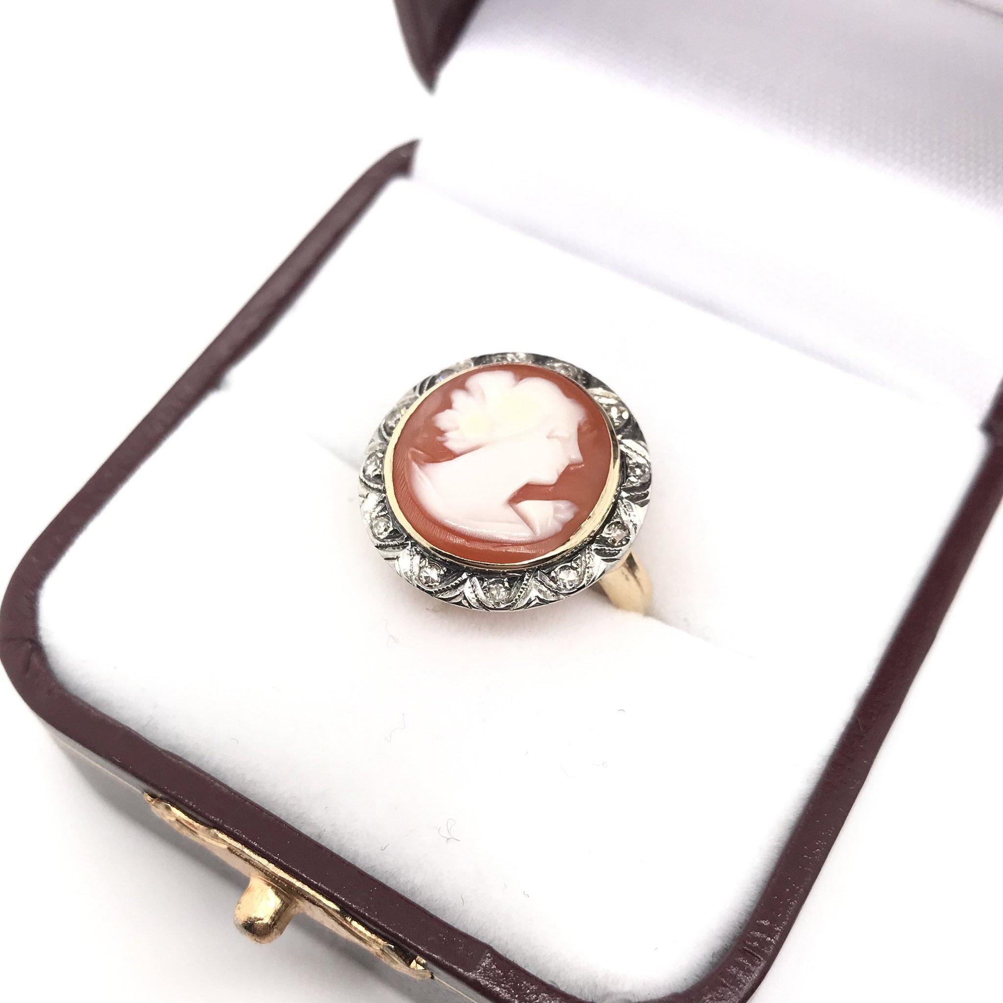 Victorian 14K Gold & Silver Cameo & Diamond Ring In Good Condition In Montgomery, AL