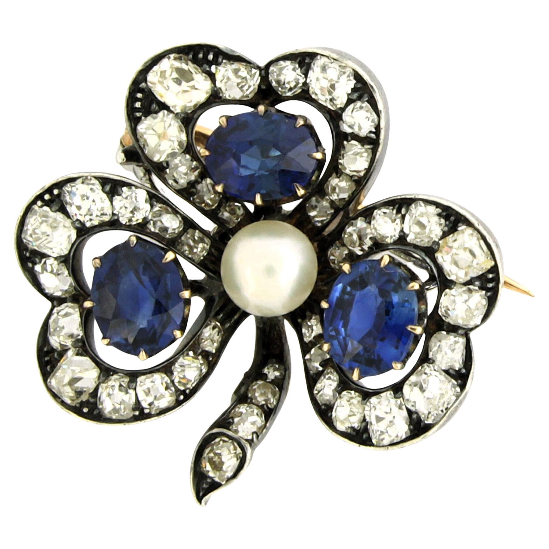 Victorian 14k Gold 
Silver Lily Brooch with Pearl, Sapphire, Diamonds en vente
