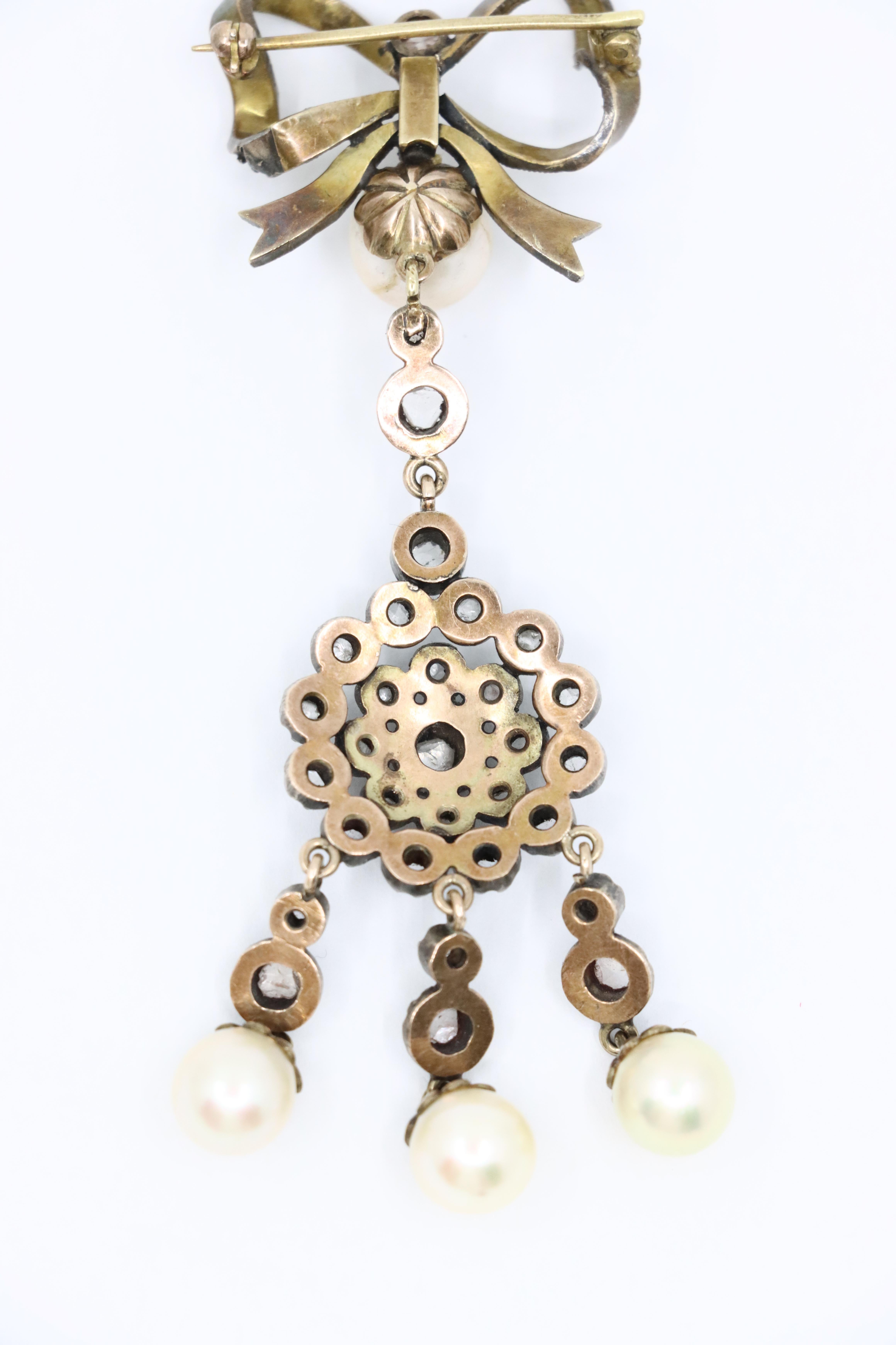 Victorian 14K Gold & Silver Pearl Diamond Bow Tie Brooch For Sale 5