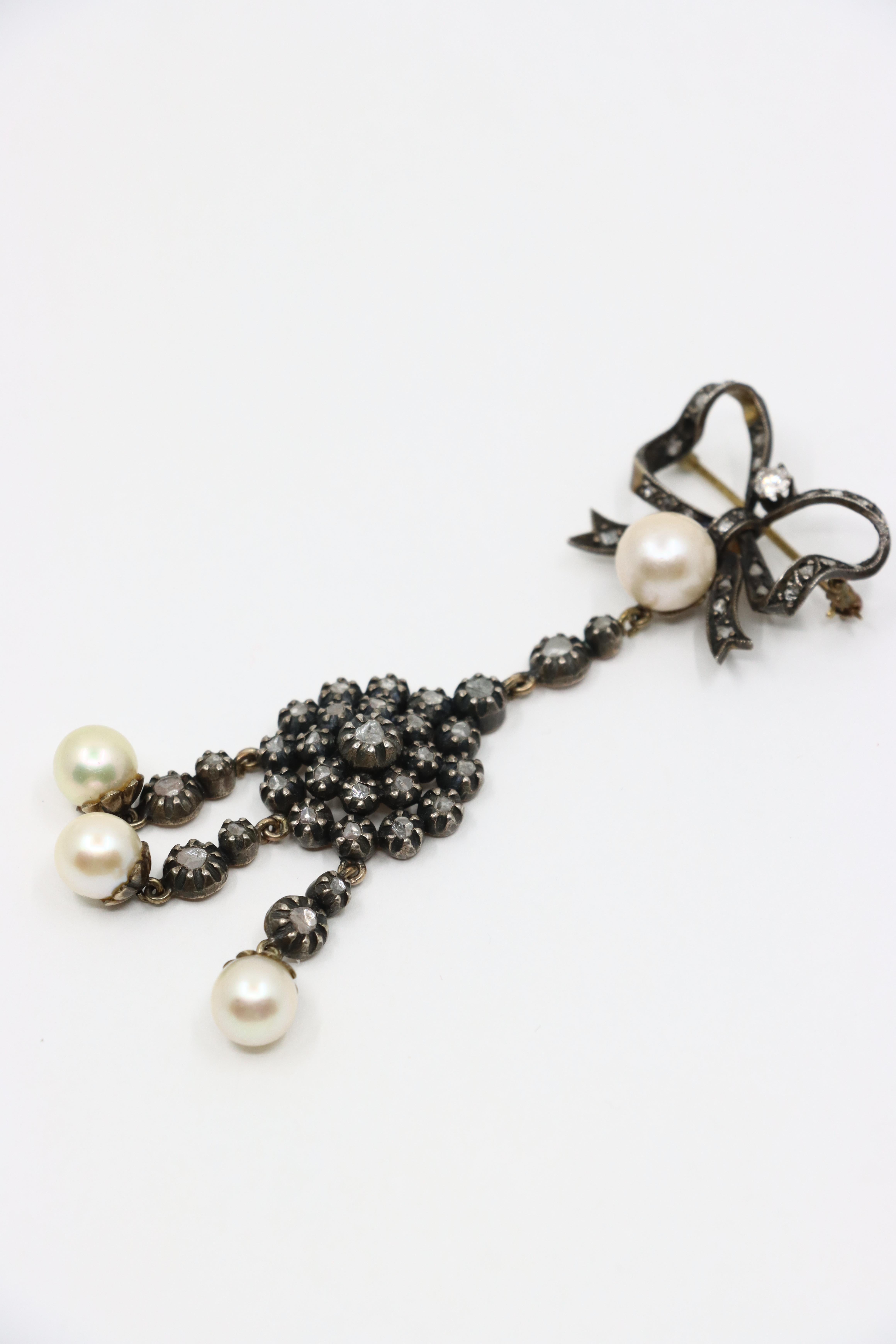 Victorian 14K Gold & Silver Pearl Diamond Bow Tie Brooch For Sale 6