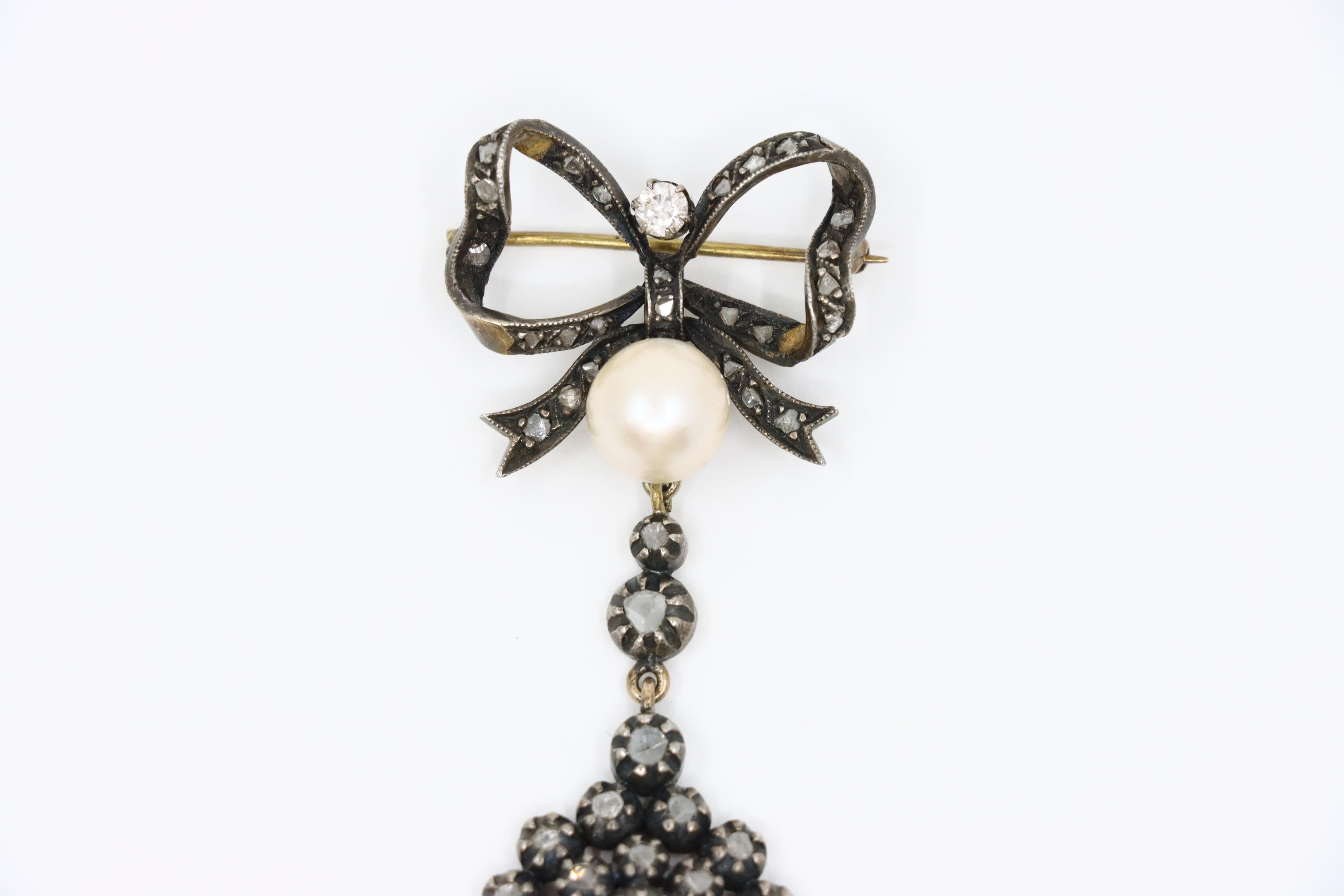 Mixed Cut Victorian 14K Gold & Silver Pearl Diamond Bow Tie Brooch For Sale