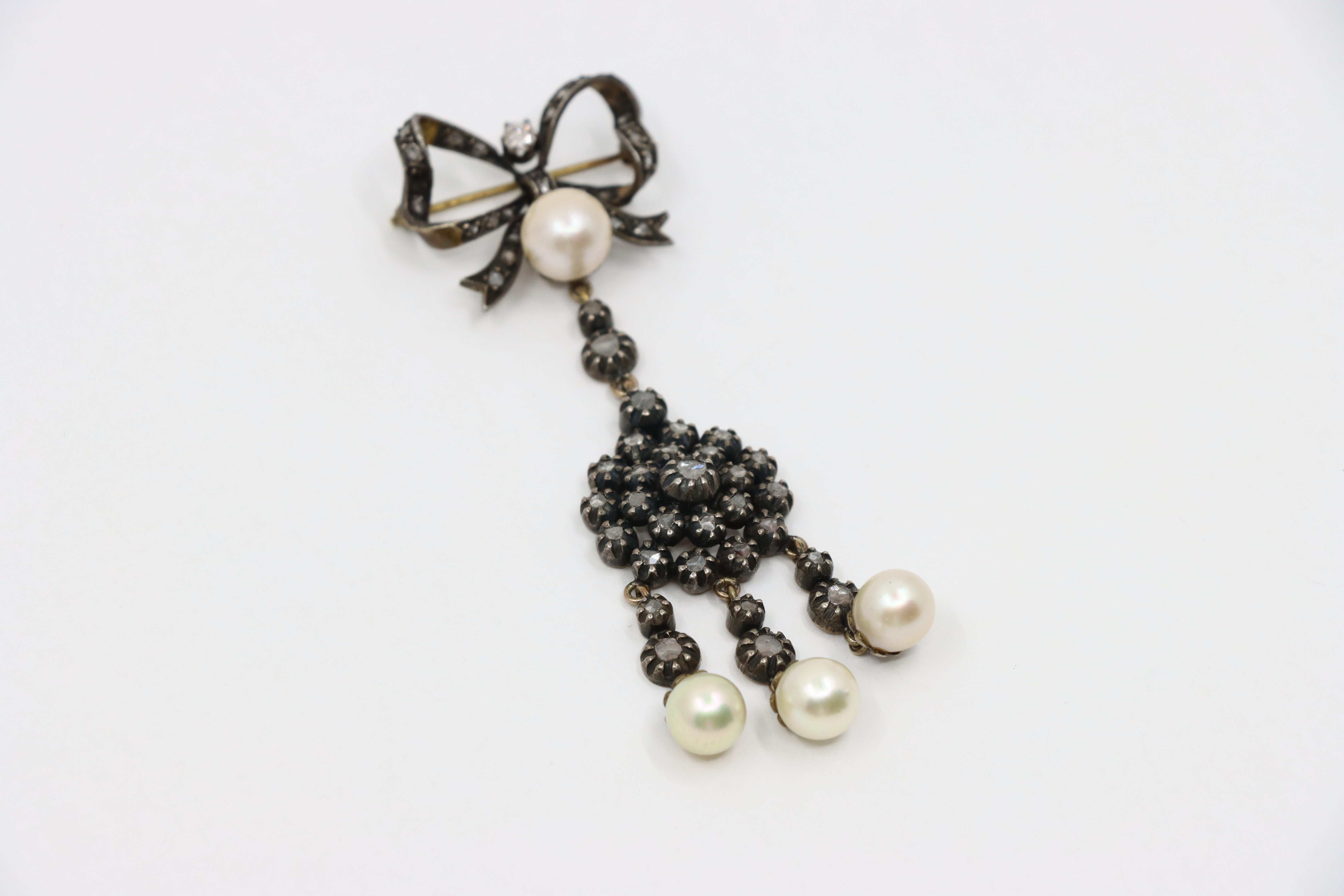 Victorian 14K Gold & Silver Pearl Diamond Bow Tie Brooch In Good Condition For Sale In Flushing, NY