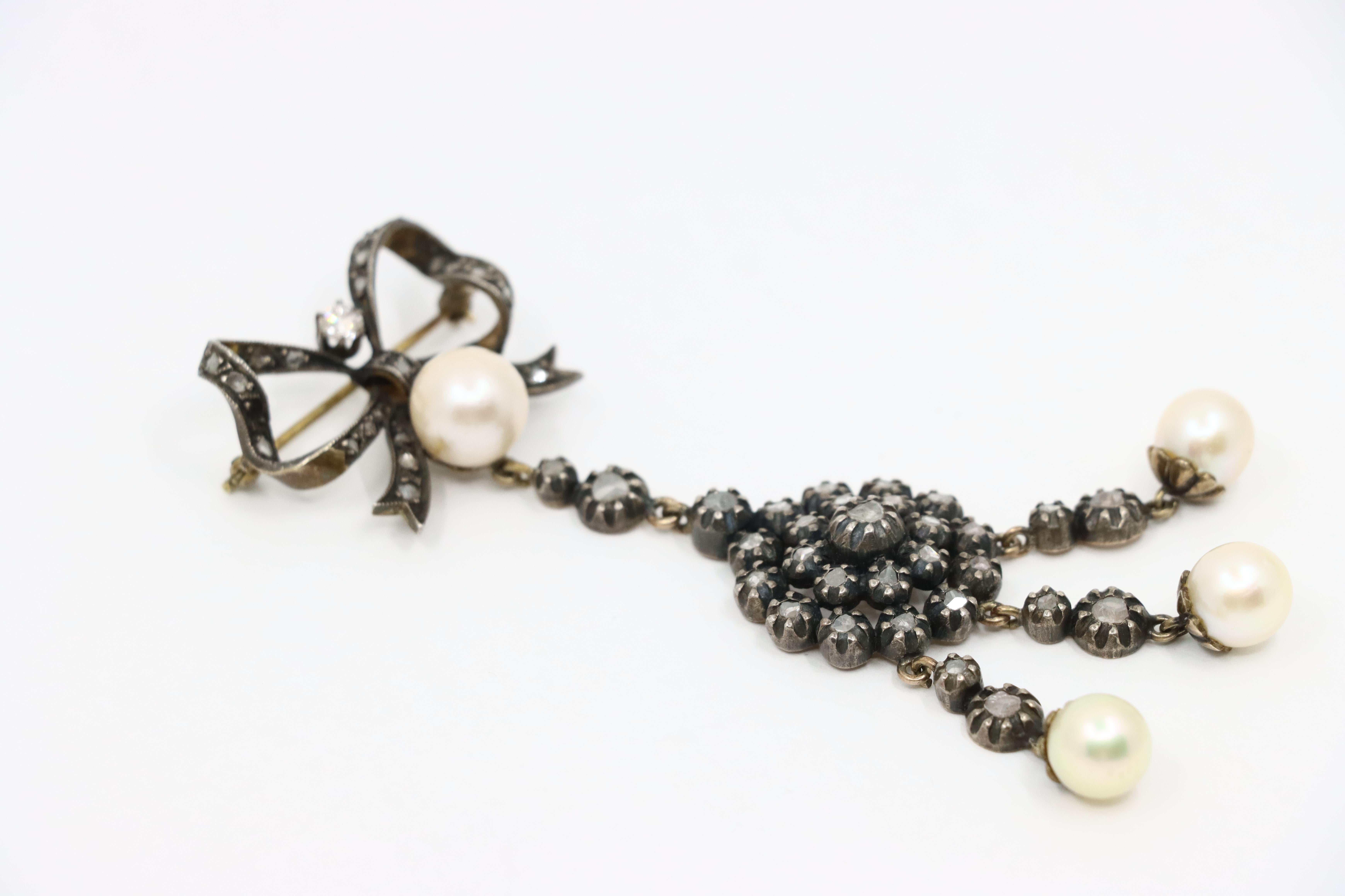 Victorian 14K Gold & Silver Pearl Diamond Bow Tie Brooch For Sale 1