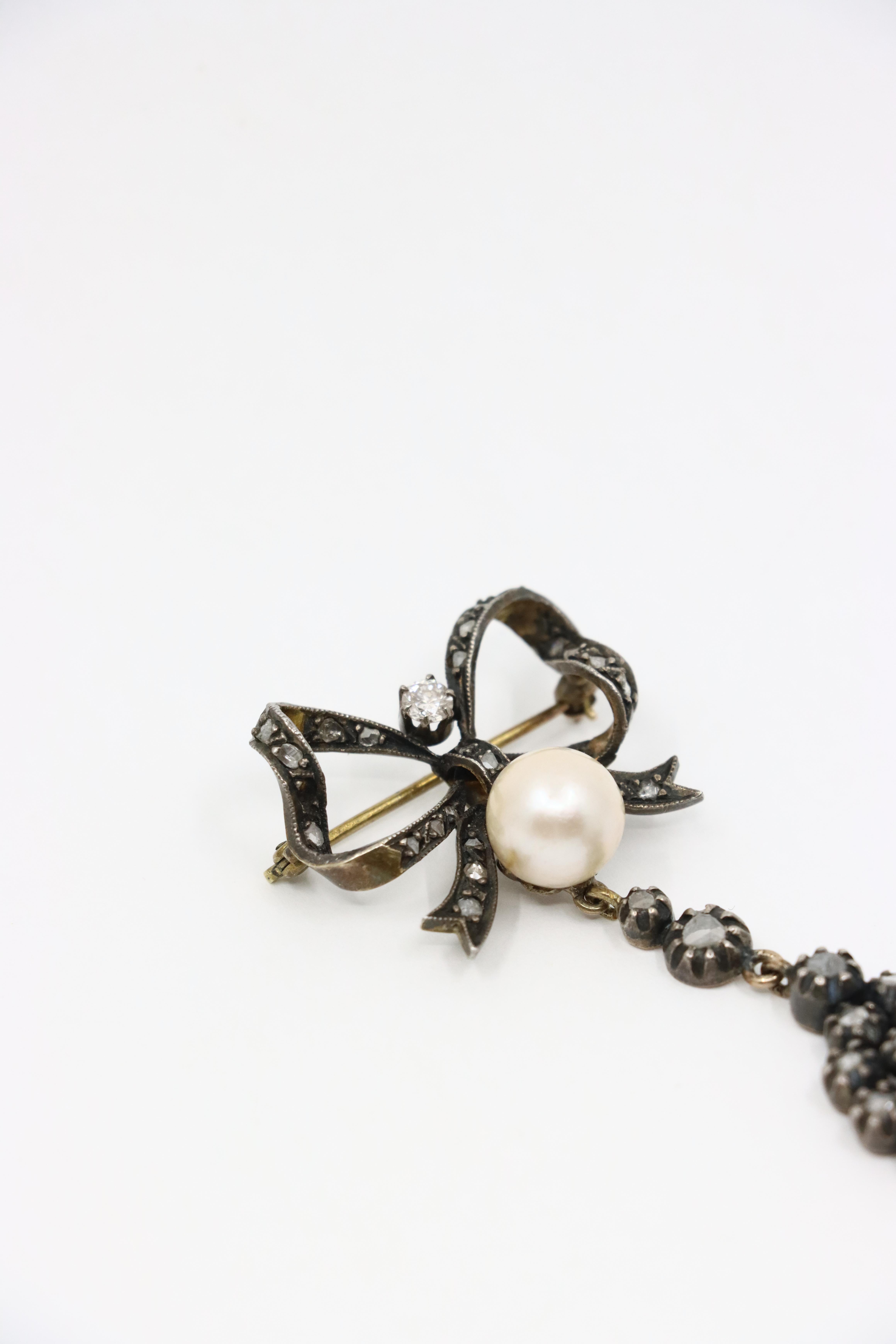 Victorian 14K Gold & Silver Pearl Diamond Bow Tie Brooch For Sale 2