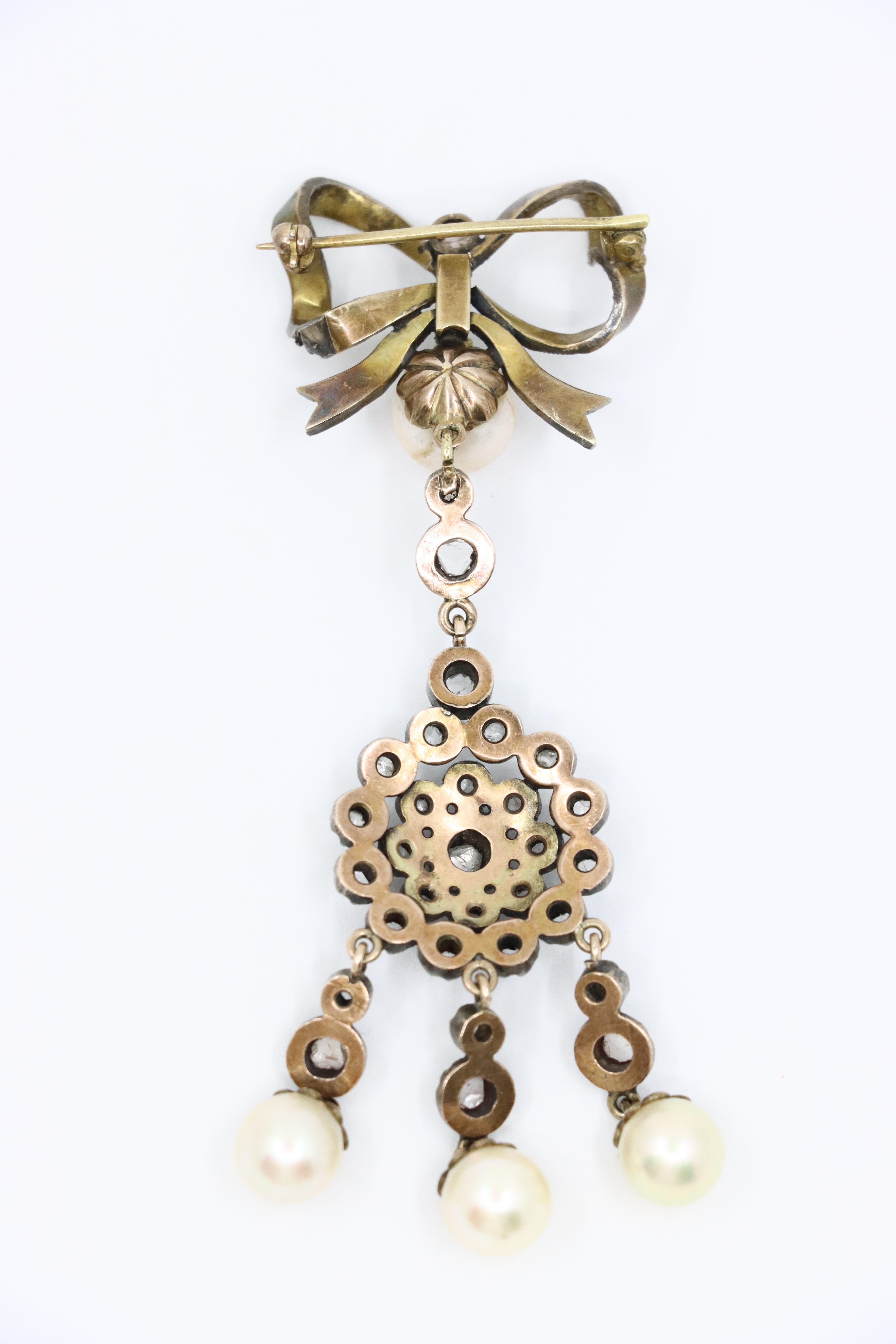 Victorian 14K Gold & Silver Pearl Diamond Bow Tie Brooch For Sale 3