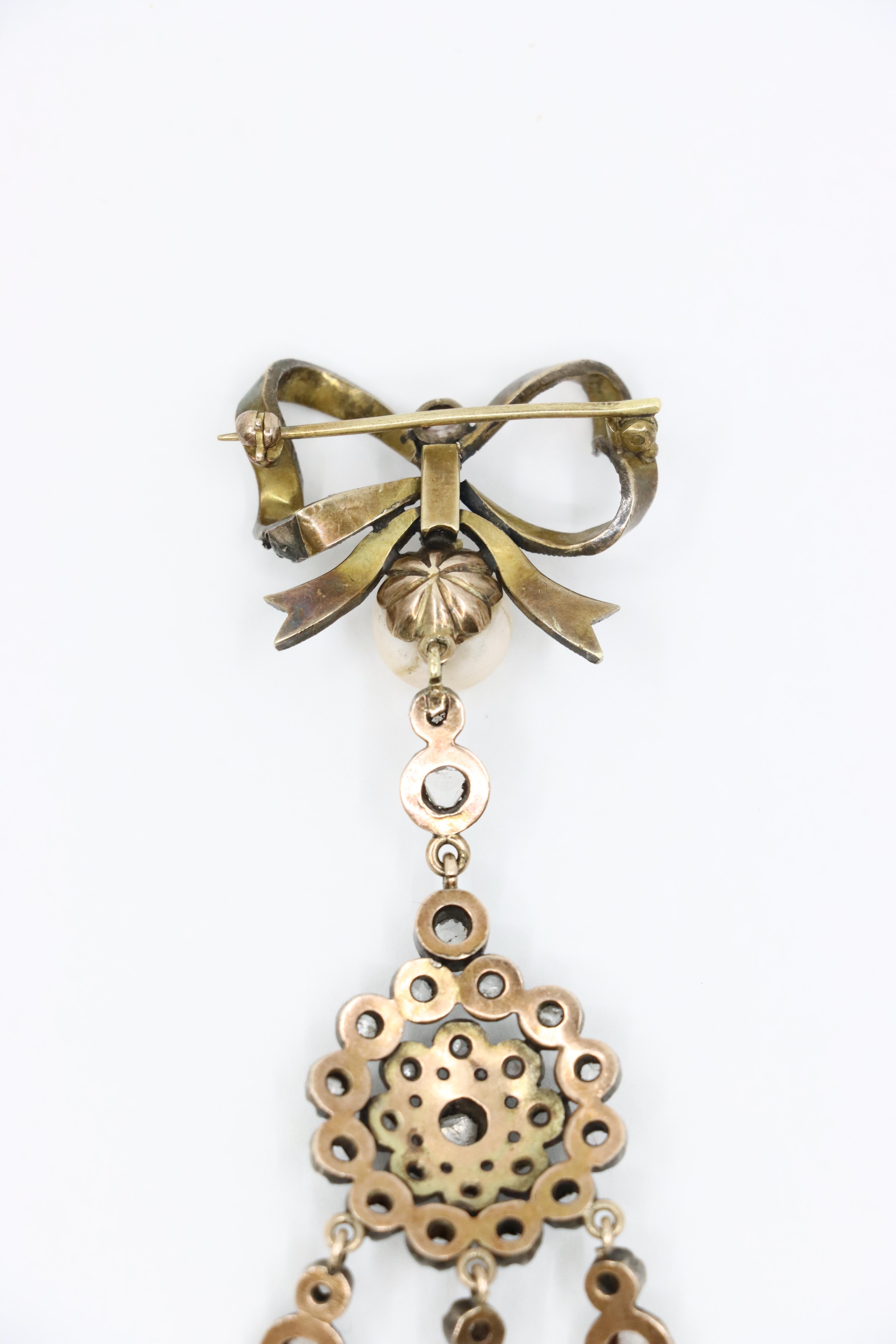 Victorian 14K Gold & Silver Pearl Diamond Bow Tie Brooch For Sale 4
