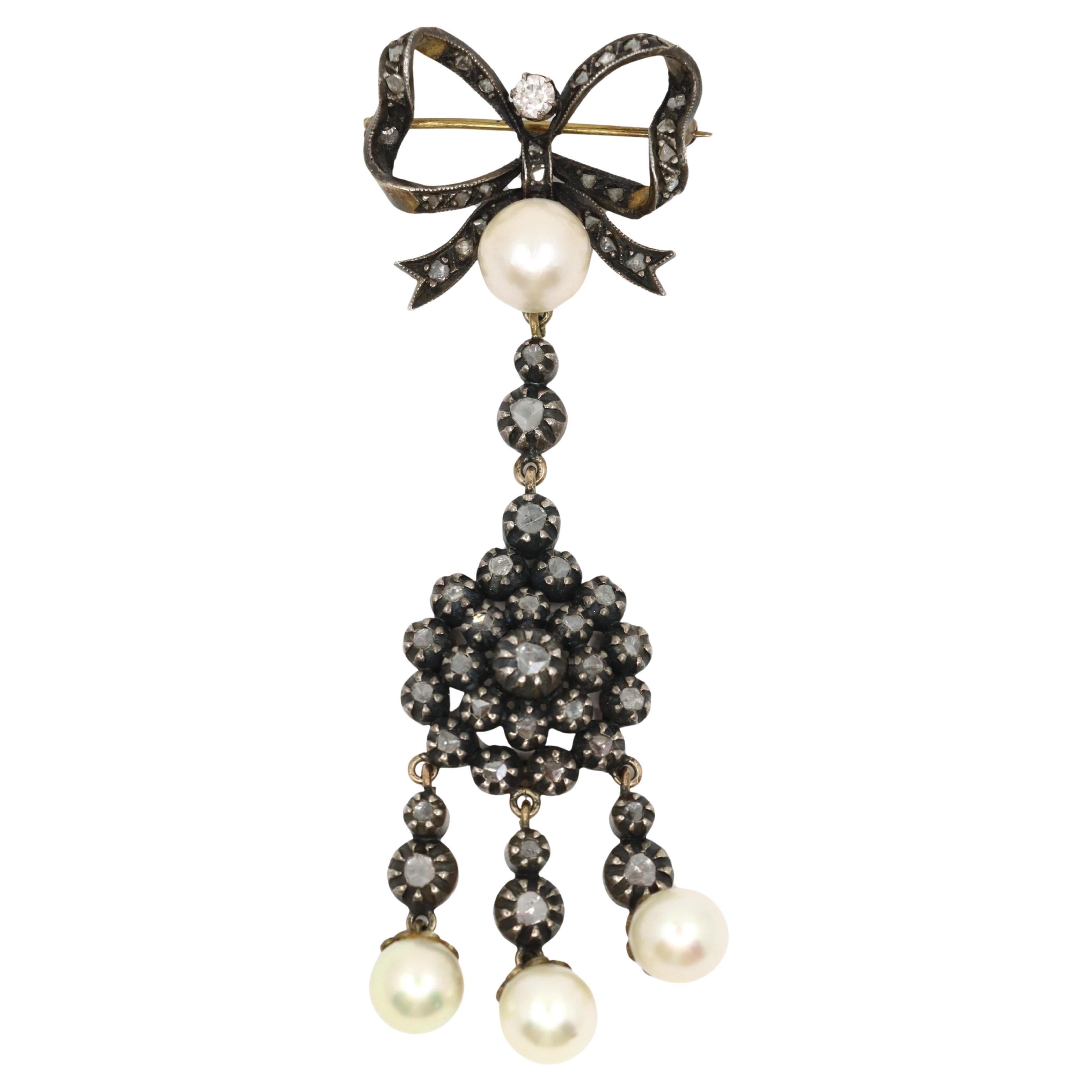 Victorian 14K Gold & Silver Pearl Diamond Bow Tie Brooch