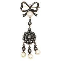 Vintage Victorian 14K Gold & Silver Pearl Diamond Bow Tie Brooch