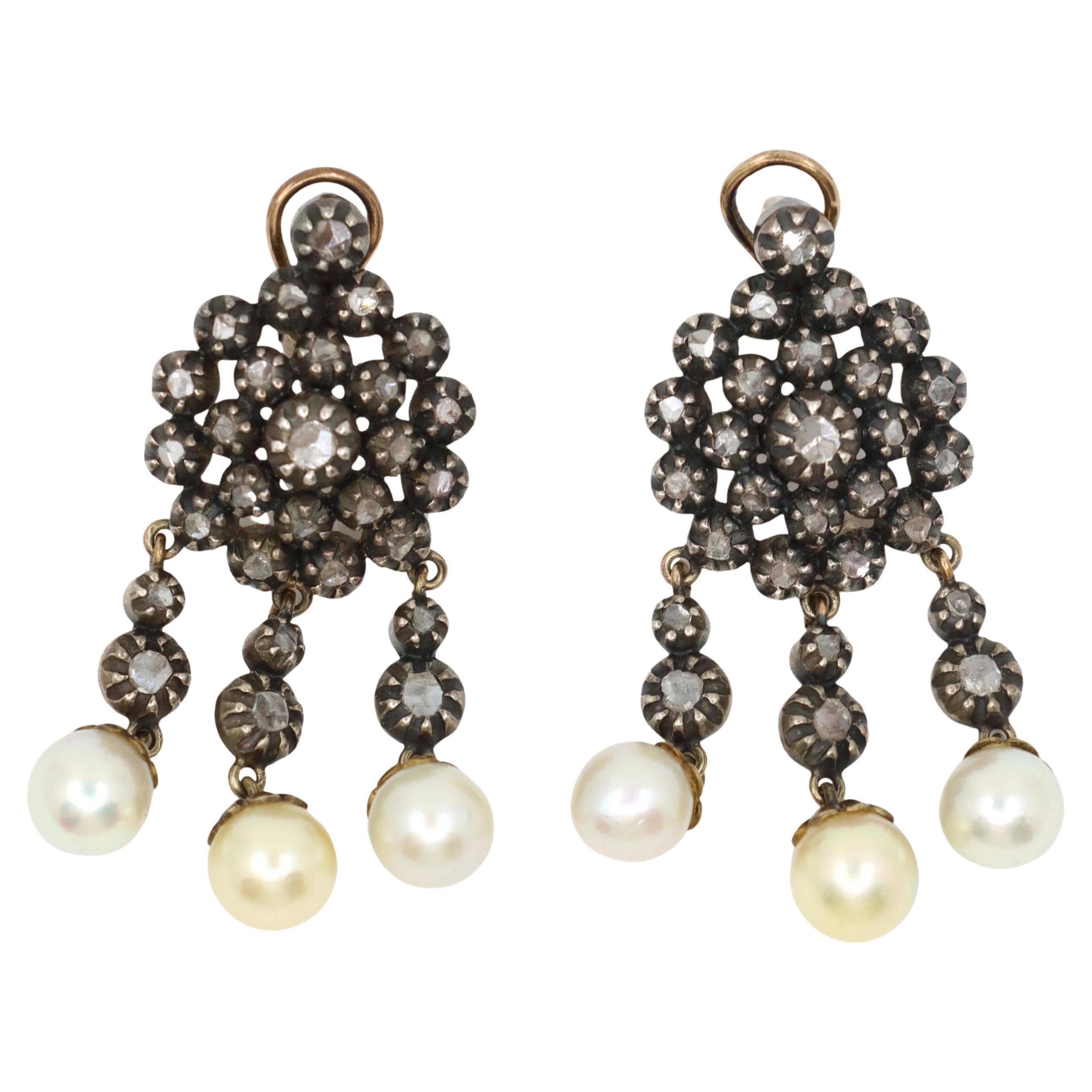 Pendiente Victoriano de Oro de 14 K y Plata con Perla y Diamante