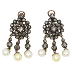 Pendiente Victoriano de Oro de 14 K y Plata con Perla y Diamante