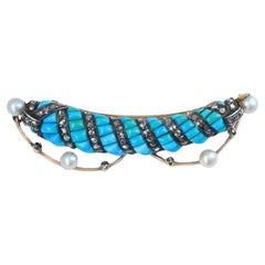 Victorian 14k Gold Silver Turquoise Diamond Pearl Bow Brooch Pin Estate Jewelry
