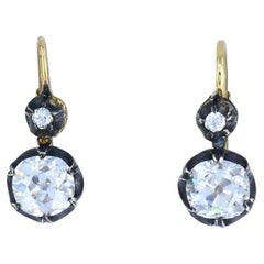 Victorian 14k Gold Silver Two-Stone Diamond Earrings Old Mine Cut, Antique