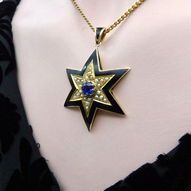 Oval Cut Victorian 14K Gold Star Pendant with Black Enamel, Pearls and Sapphire