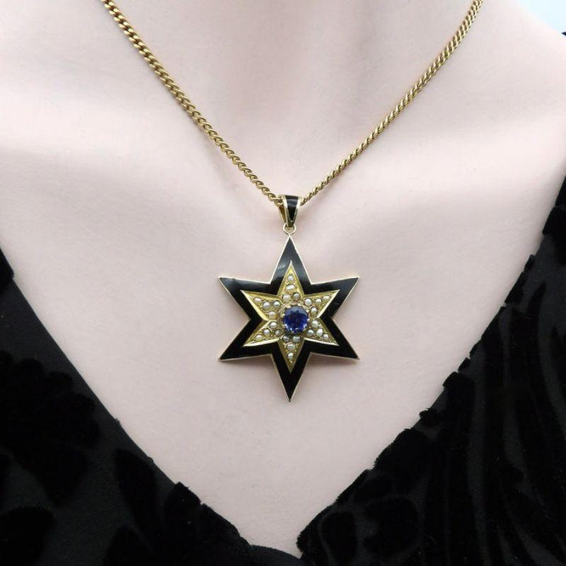 Victorian 14K Gold Star Pendant with Black Enamel, Pearls and Sapphire In Good Condition In Venice, CA
