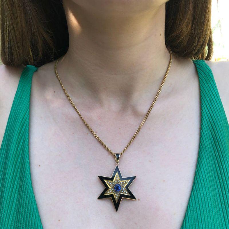 Women's or Men's Victorian 14K Gold Star Pendant with Black Enamel, Pearls and Sapphire