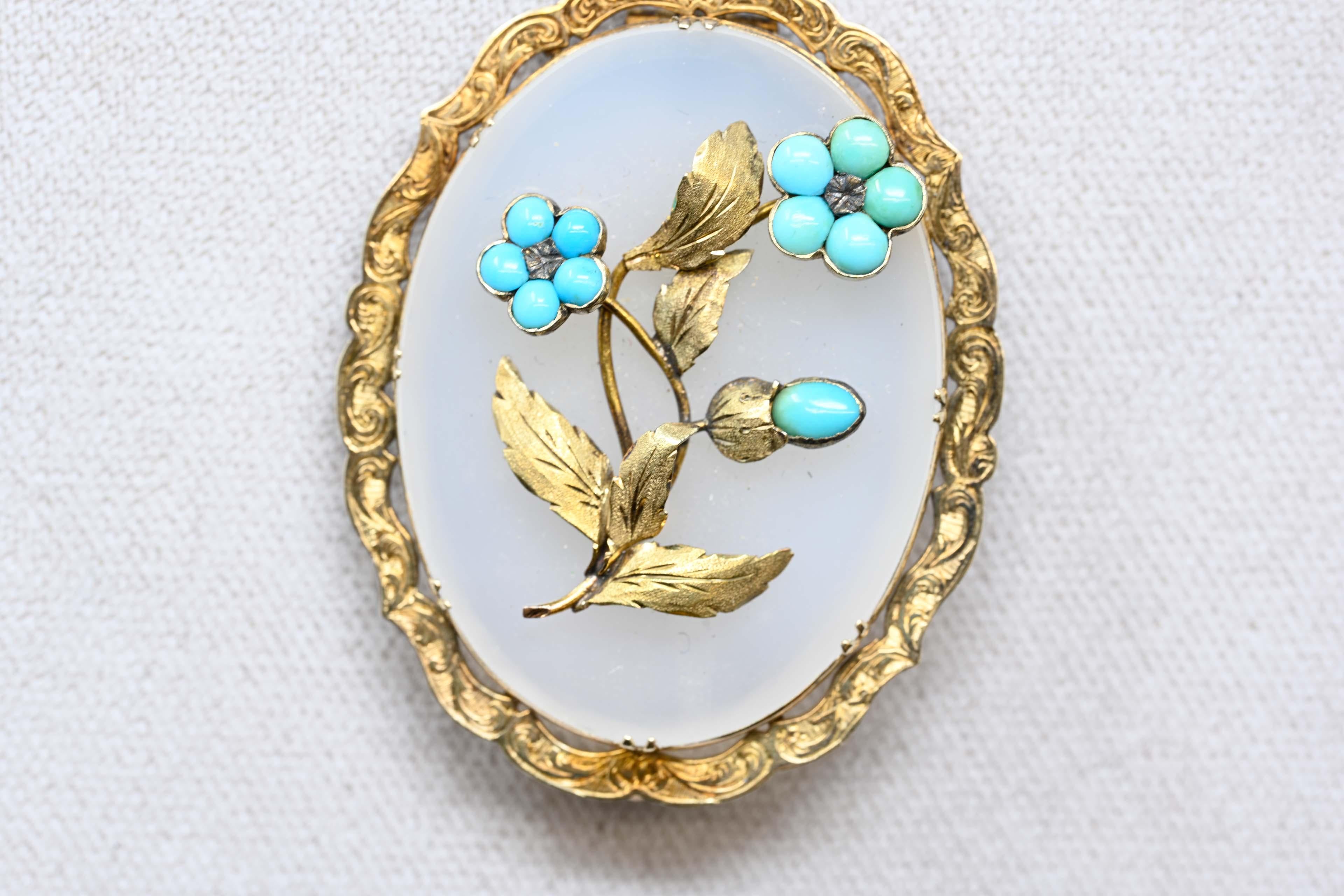 Victorian 14k Gold turquoise & calcedony brooch acid tested, made in Canada circa 1900. No maker marks, weighs 14.8 grams. Measures 45mm x 38mm.