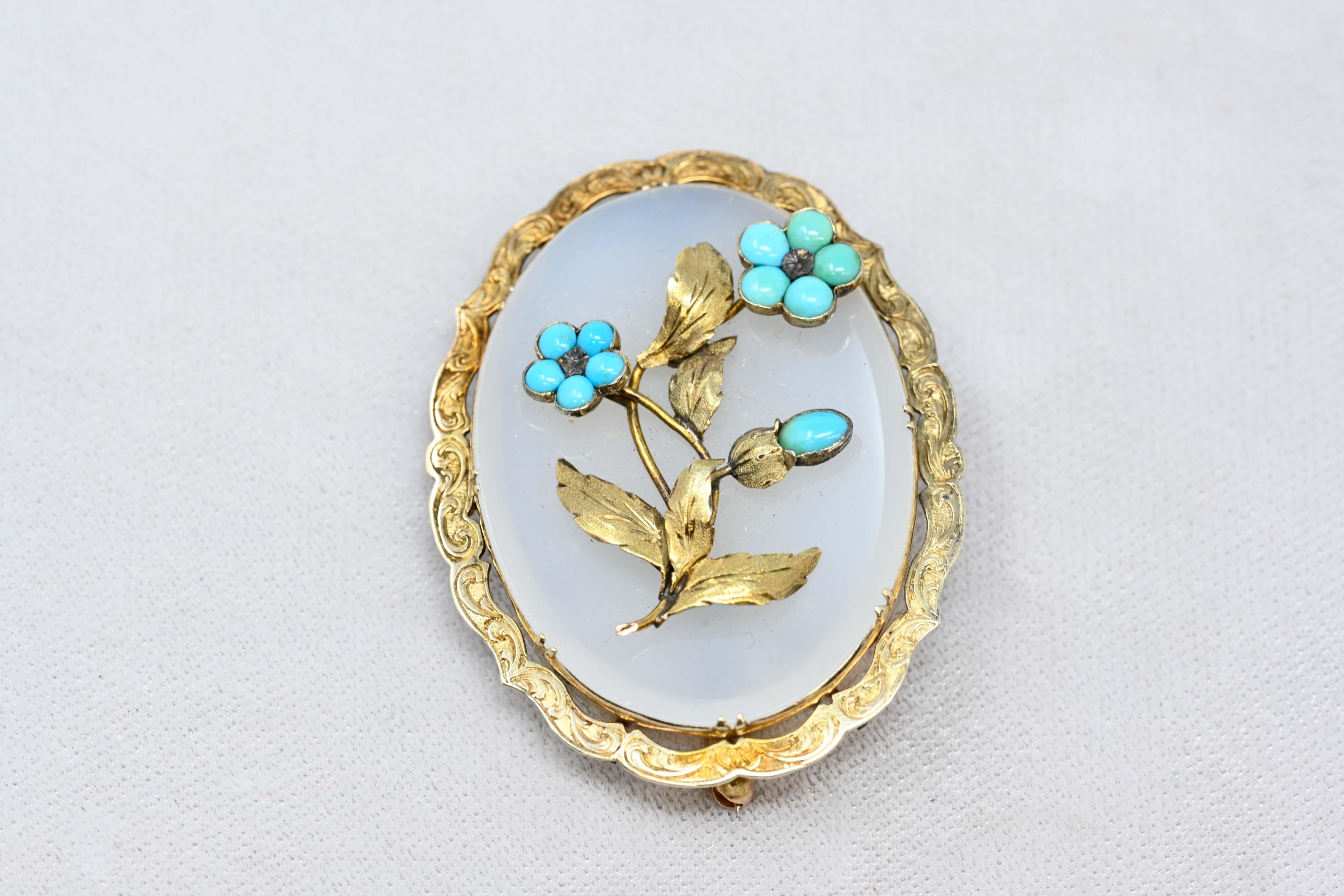 Women's Victorian 14k Gold Turquoise & Calcedony Brooch For Sale