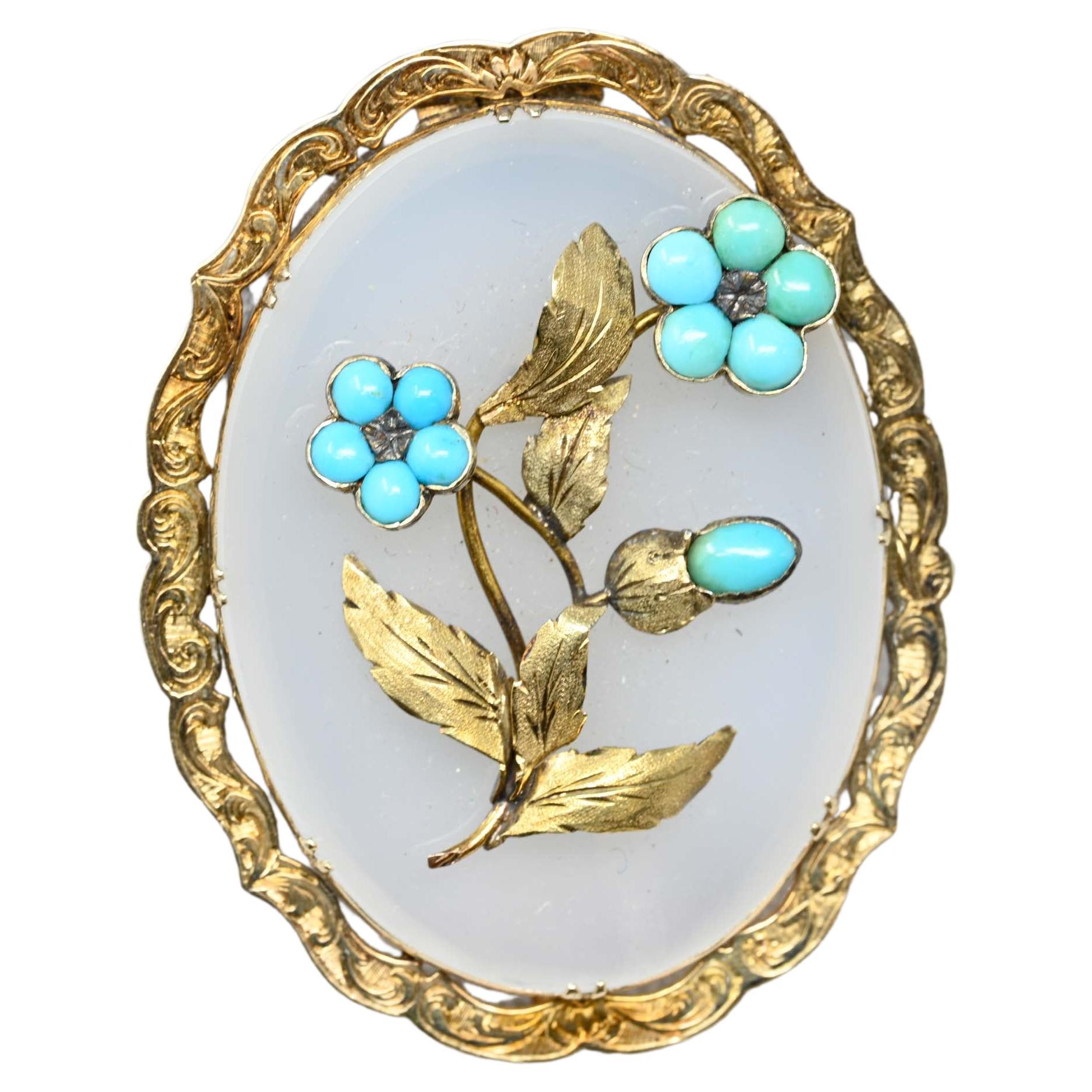 Victorian 14k Gold Turquoise & Calcedony Brooch For Sale