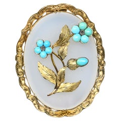 Spilla vittoriana in oro 14k con turchese e calcedonio