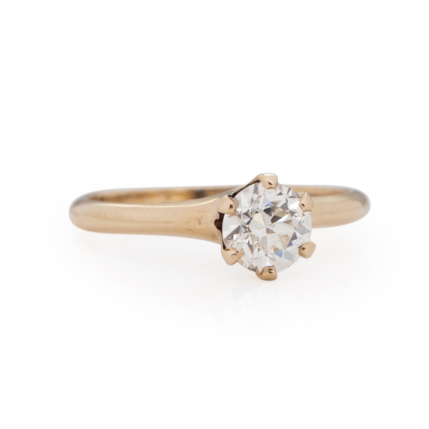 Here we have a excellent example of the Otsby & Barton Engagement Ring. Crafted in 14K yellow gold, this classic solitaire had six prongs that hold a beautifully cut old European cut 0.75Ct VS diamond. The diamond is the perfect centerpiece to this