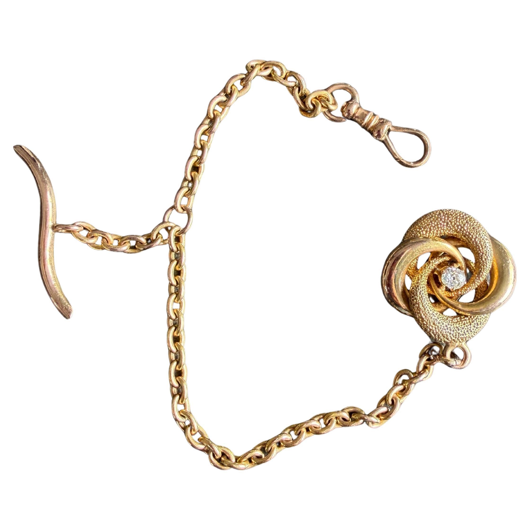 Catena d'orologio vittoriana in oro 14K con diamante taglio rosa, CIRCA 1870