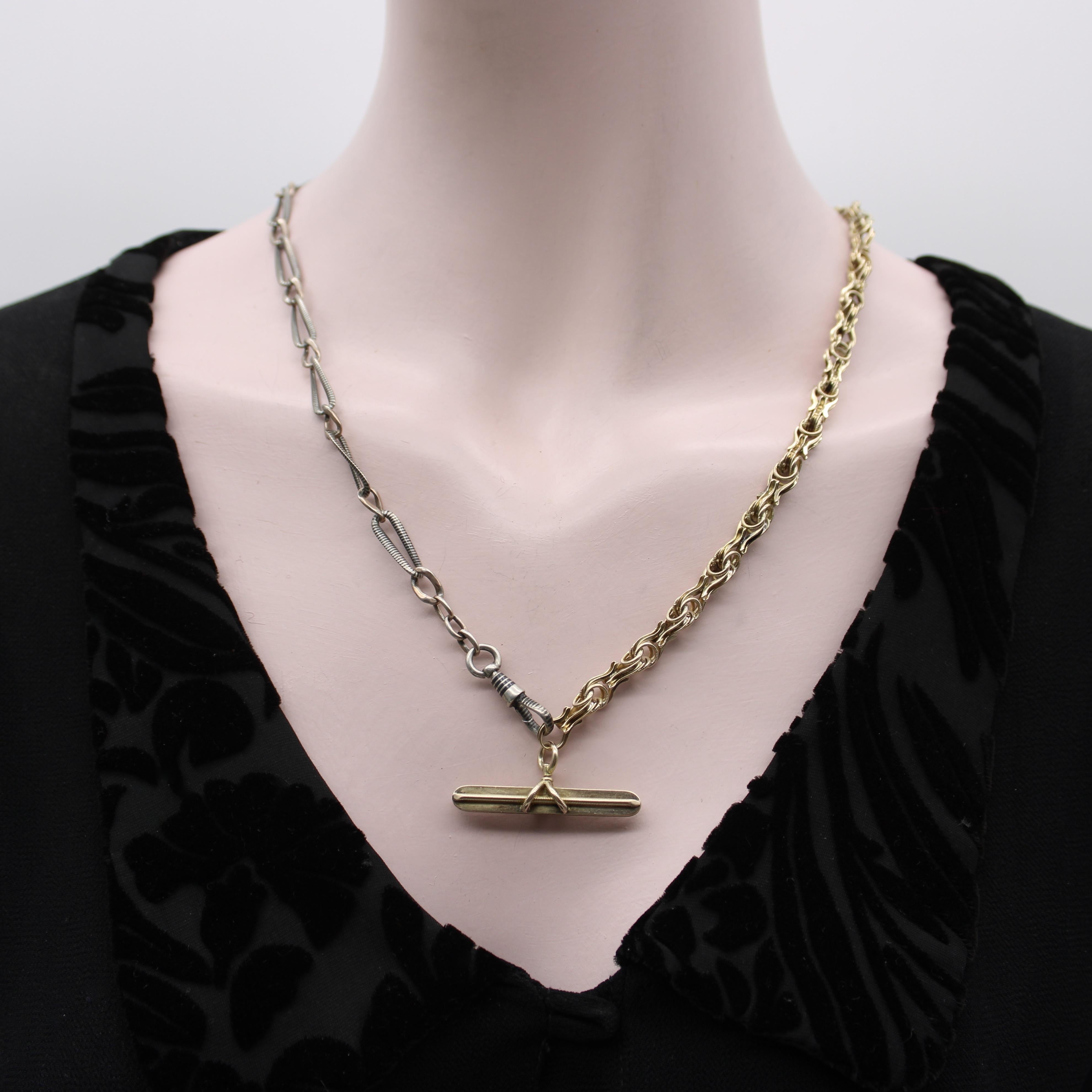 Catena da orologio vittoriana in oro 14K con barra a T e clip per cani in vendita 2